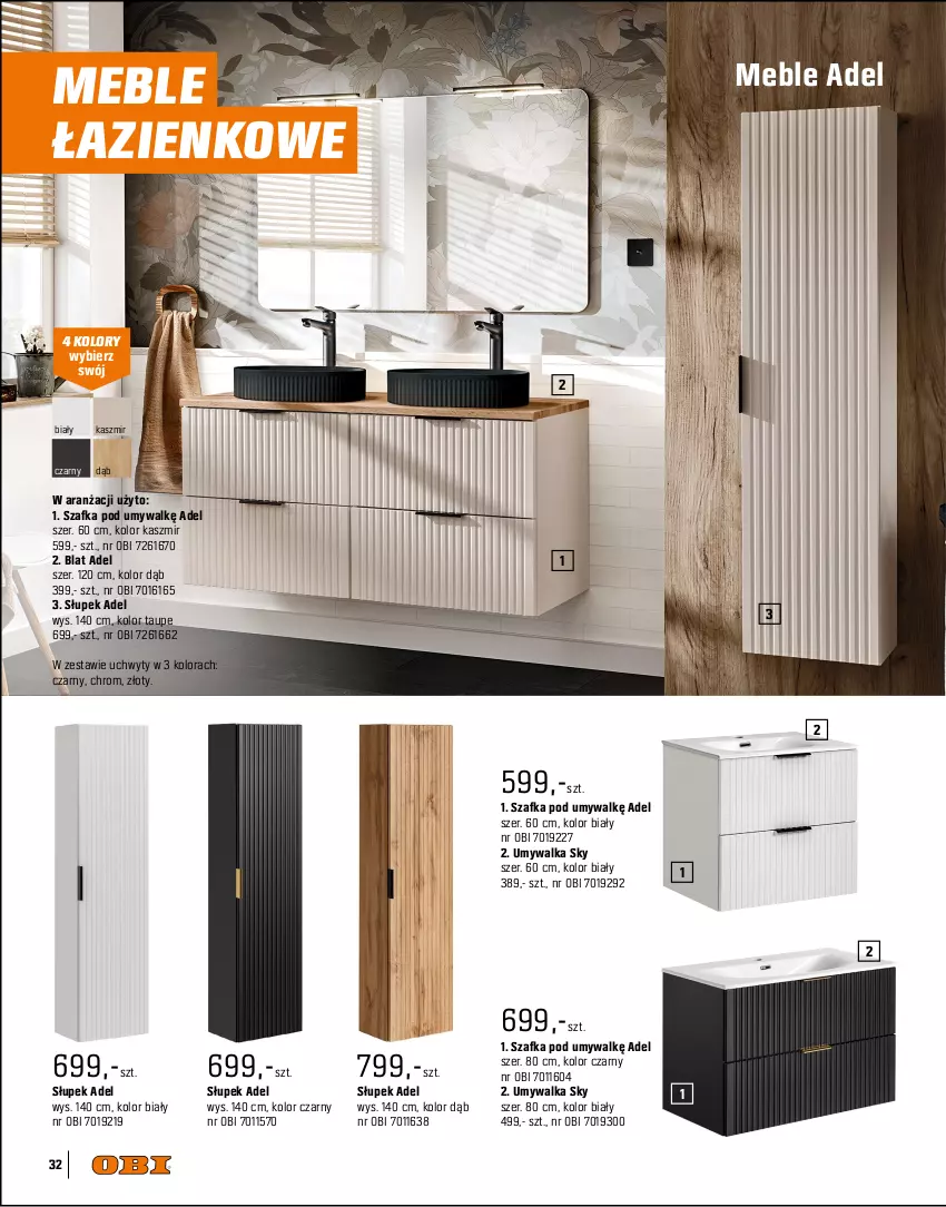 Gazetka promocyjna Obi - Gazetka OBI - ważna 01.09 do 31.12.2025 - strona 32 - produkty: Fa, Kosz, Lustro, Meble, Meble łazienkowe, Mop, Słupek, Szafka, Szafka pod umywalkę, Uchwyty, Umywalka