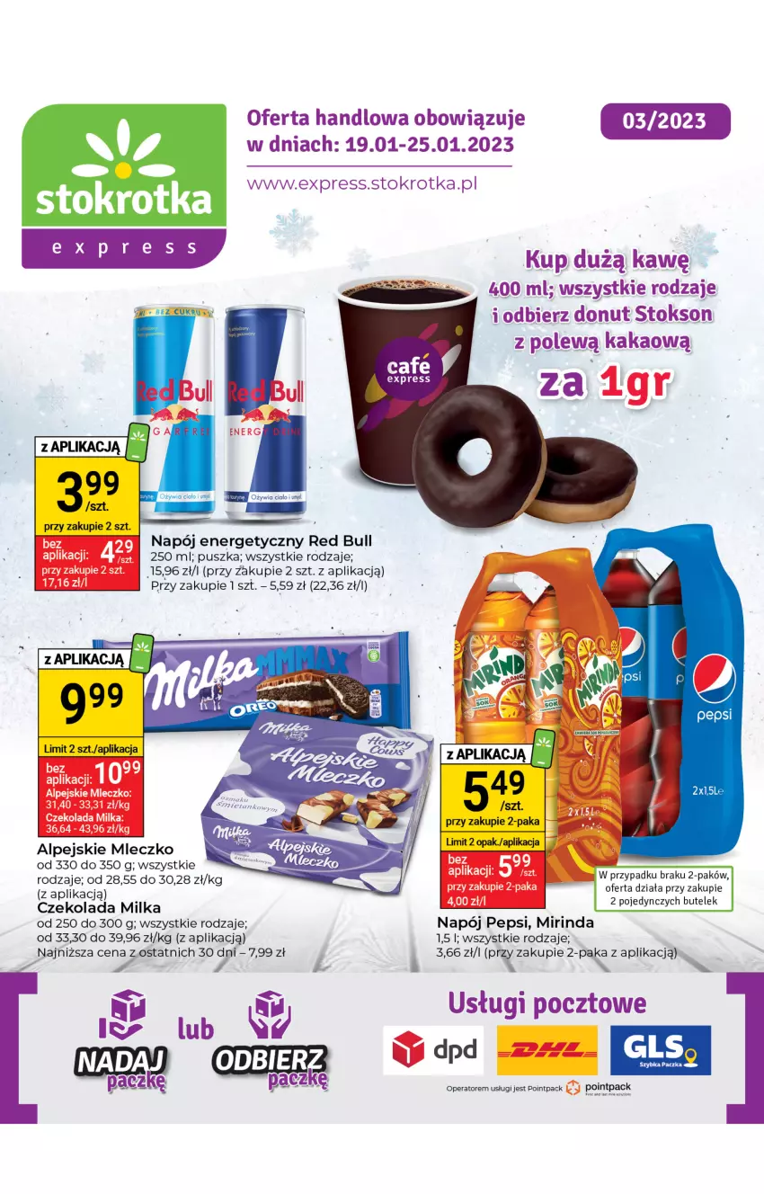 Gazetka promocyjna Stokrotka - Stokrotka Express - ważna 19.01 do 25.01.2023 - strona 1 - produkty: Czekolada, Donut, Milka, Mirinda, Mleczko, Napój, Pepsi, Red Bull