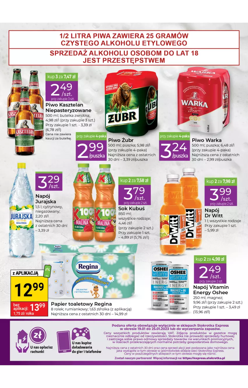 Gazetka promocyjna Stokrotka - Stokrotka Express - ważna 19.01 do 25.01.2023 - strona 4 - produkty: Gin, Gra, Kasztelan, Lion, Magnez, Napój, Oshee, Papier, Papier toaletowy, Piwa, Piwo, Rum, Telefon, Warka