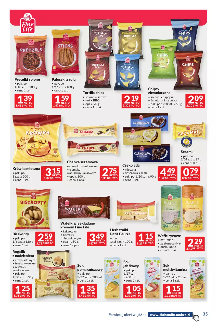 Gazetka promocyjna Makro - Dystrybucja do sklepów - ważna 01.09 do 28.09.2026 - strona 35 - produkty: Biszkopty, Chałwa, Chipsy, Czekolada, Deser, Herbatniki, Herbatniki Petit Beurre, Kakao, Papryka, Precelki, Rogal, Ryż, Ser, Sezam, Sok, Sok jabłkowy, Sok pomarańczowy, Tortilla, Tortilla Chips, Wafle