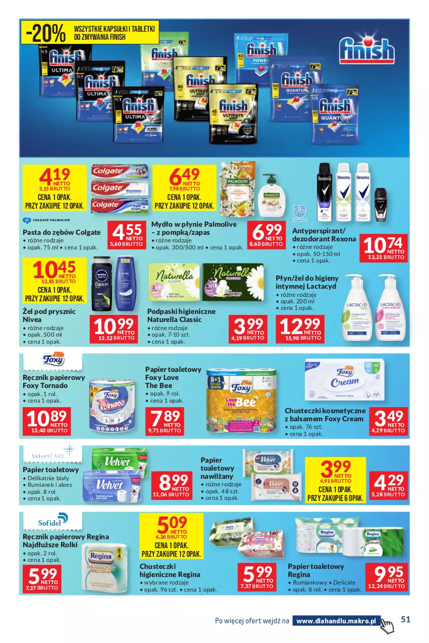 Gazetka promocyjna Makro - Dystrybucja do sklepów - ważna 01.09 do 28.09.2026 - strona 51 - produkty: Antyperspirant, Chusteczki, Chusteczki kosmetyczne, Colgate, Dezodorant, Finish, Foxy, Gin, Lactacyd, LG, Mydło, Mydło w płynie, Naturell, Naturella, Nivea, Palmolive, Papier, Papier toaletowy, Pasta do zębów, Podpaski, Ręcznik, Rexona, Rolki, Rum, Tablet