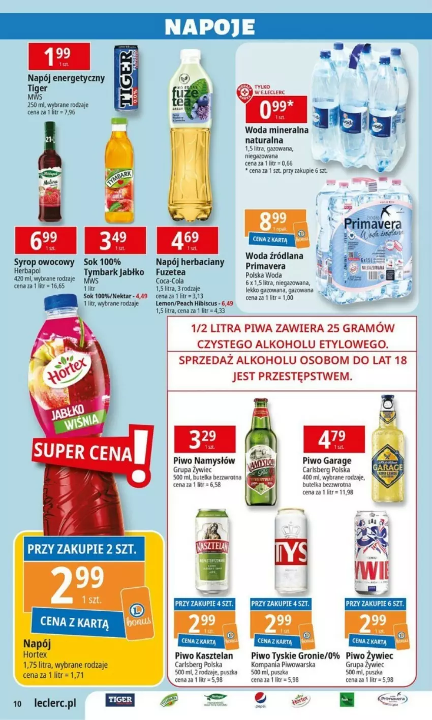 Gazetka promocyjna E Leclerc - ważna 06.08 do 17.08.2024 - strona 10 - produkty: Carlsberg, Coca-Cola, Gra, Herbapol, Kasztelan, LANA, Namysłów, Napój, Napój energetyczny, Nektar, Piwa, Piwo, Prima, Primavera, Sok, Syrop, Tiger, Tymbark, Tyskie, Woda, Woda mineralna