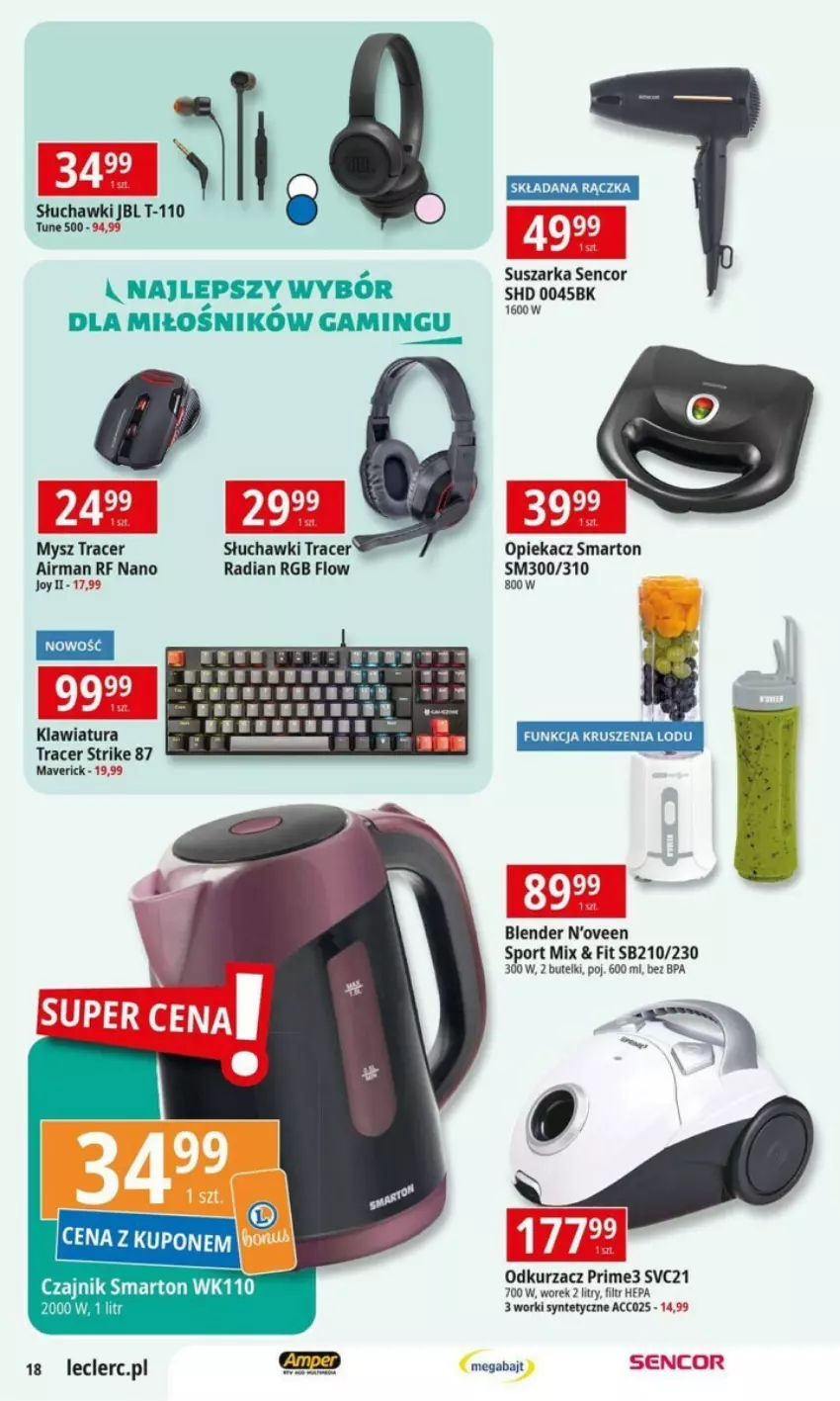 Gazetka promocyjna E Leclerc - ważna 06.08 do 17.08.2024 - strona 18 - produkty: Acer, Blender, JBL, Klawiatura, Mysz, Odkurzacz, Por, Sencor, Słuchawki, Sport, Suszarka