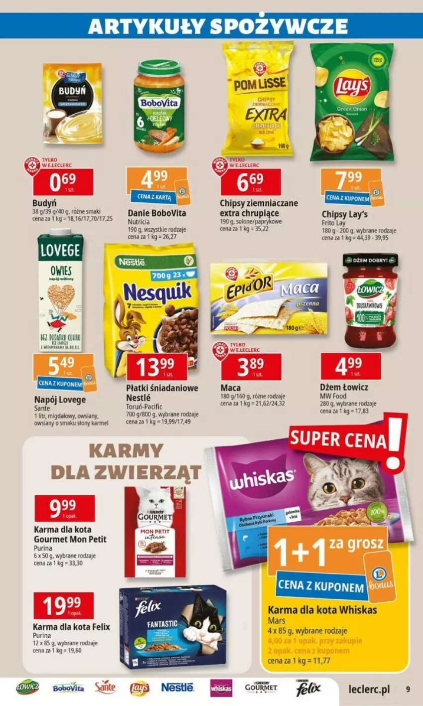 Gazetka promocyjna E Leclerc - ważna 06.08 do 17.08.2024 - strona 9 - produkty: BoboVita, Budyń, Chipsy, Cif, Danio, Dżem, Felix, Kaki, LG, Mars, Napój, Pur, Purina, Sante, Whiskas