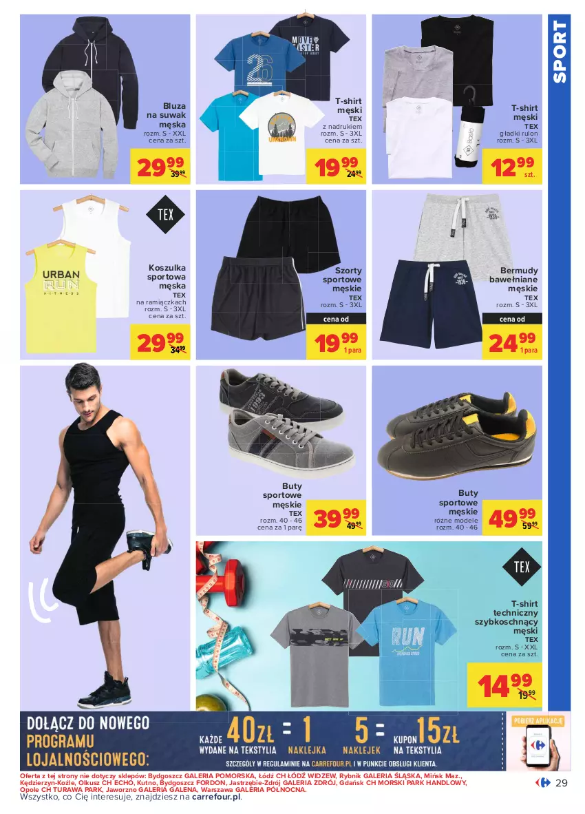 Gazetka promocyjna Carrefour - Gazetka Carrefour - ważna 05.04 do 17.04.2021 - strona 29 - produkty: Bermudy, Bluza, Buty, Kosz, Koszulka, Koszulka sportowa, Por, Sport, Szorty, T-shirt