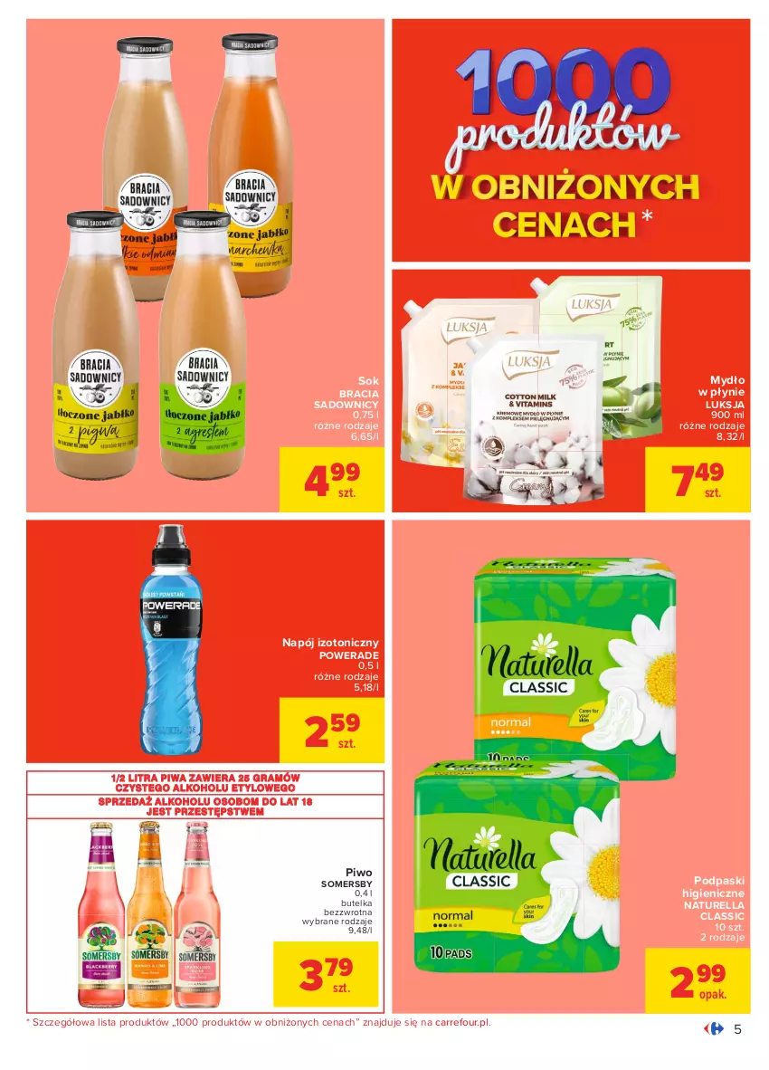 Gazetka promocyjna Carrefour - Gazetka Carrefour - ważna 05.04 do 17.04.2021 - strona 5 - produkty: Gra, Luksja, Mydło, Mydło w płynie, Napój, Napój izotoniczny, Naturell, Naturella, Piwa, Piwo, Podpaski, Sok, Somersby