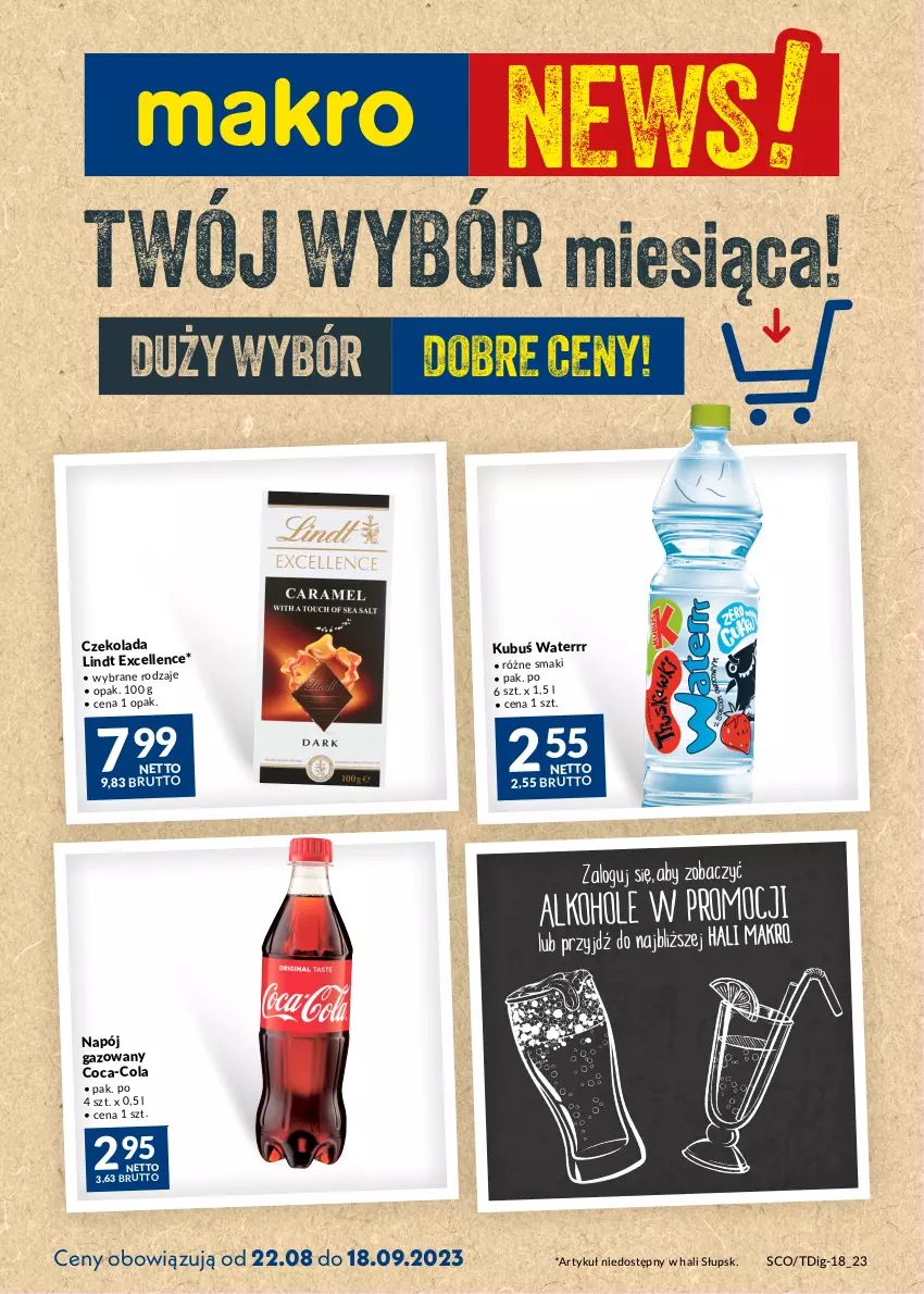 Gazetka promocyjna Makro - Najlepsze oferty - ważna 22.08 do 18.09.2023 - strona 1 - produkty: Coca-Cola, Czekolada, Kubuś, Kubuś Waterrr, Lindt, Napój, Napój gazowany