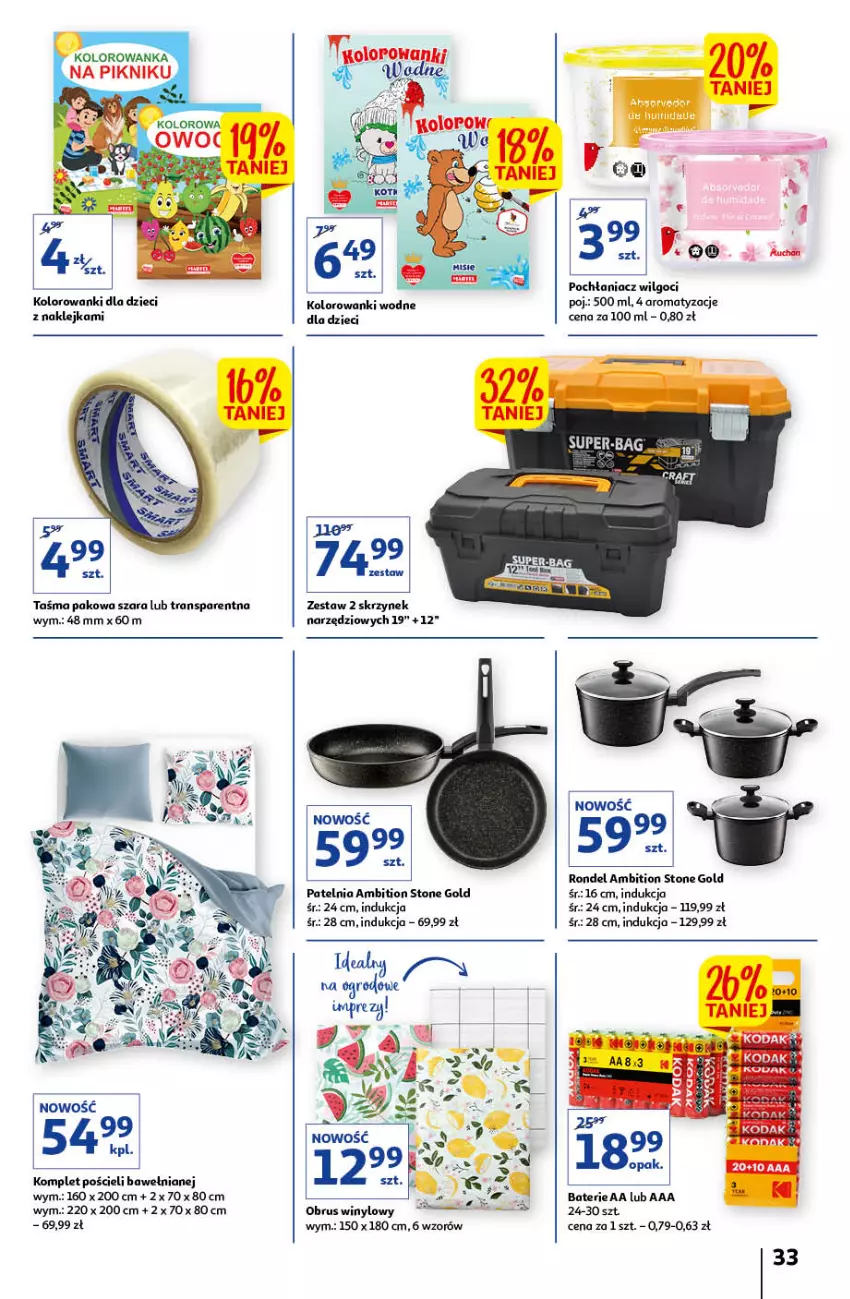 Gazetka promocyjna Auchan - przeNISKIE CENY Prze SŁONECZNE oferty Hipermarkety - ważna 30.06 do 06.07.2022 - strona 33 - produkty: Ambition, Dzieci, Fa, Klej, Kolorowanka, Komplet pościeli, LG, Obrus, Patelnia, Pochłaniacz wilgoci, Pościel, Rondel, Taśma pakowa, Tran