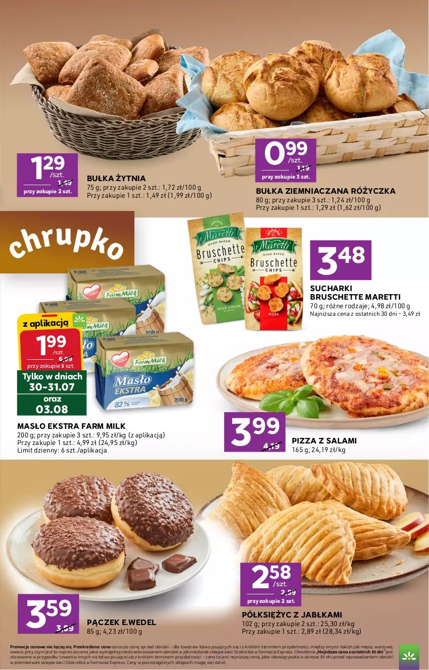 Gazetka promocyjna Stokrotka - Express - ważna 30.07 do 05.08.2026 - strona 3 - produkty: Bruschette, Bułka, Fa, Farm Milk, Jabłka, Masło, Mięso, Owoce, Pączek, Pizza, Salami, Warzywa