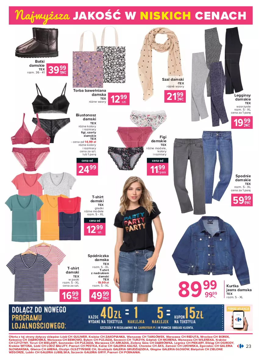 Gazetka promocyjna Carrefour - Gazetka Produkt Carregour - ważna 01.02 do 13.02.2021 - strona 23 - produkty: Biustonosz, Botki, Figi, Gin, Gry, Kurtka, Legginsy, Sos, Spodnie, Szal, Szorty, T-shirt, Torba