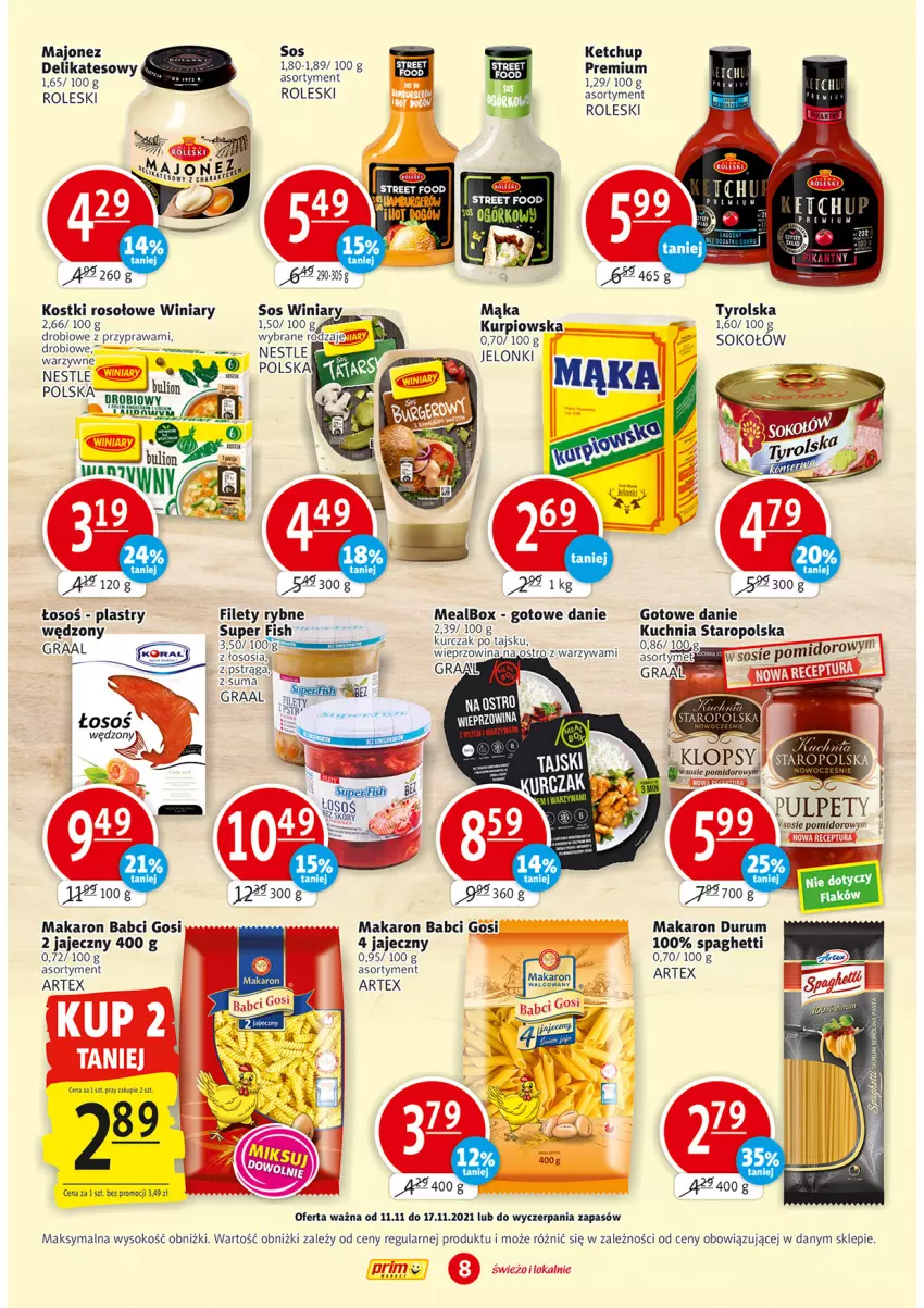 Gazetka promocyjna Prim Market - Gazetka - ważna 11.11 do 17.11.2021 - strona 8 - produkty: Danie gotowe, Gra, Graal, Ketchup, Kostki rosołowe, Kuchnia, Kuchnia Staropolska, Majonez, Mąka, Makaron, Pstrąg, Pulpety, Rum, Sok, Sokołów, Sos, Spaghetti, Warzywa, Wieprzowina, Winiary