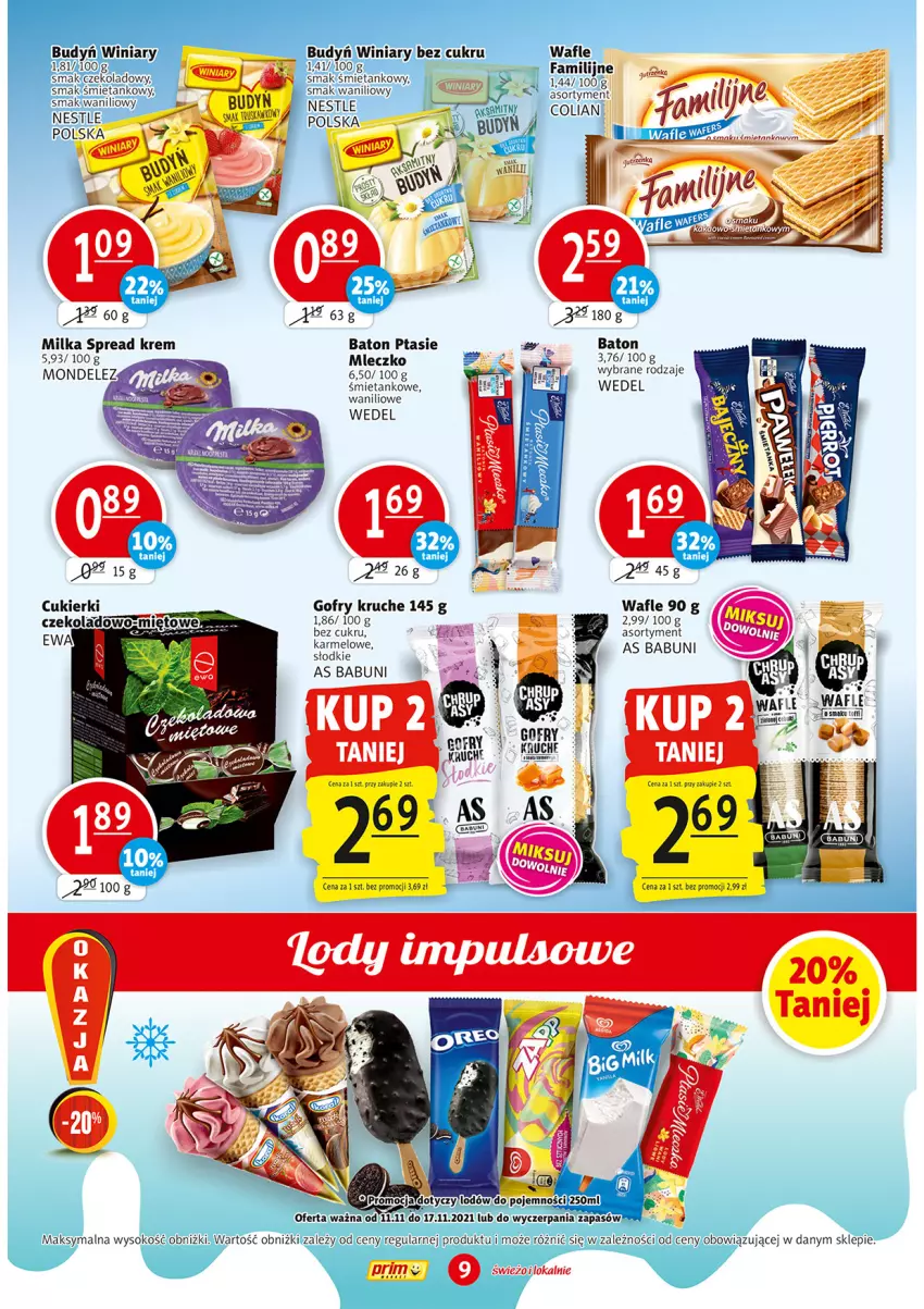 Gazetka promocyjna Prim Market - Gazetka - ważna 11.11 do 17.11.2021 - strona 9 - produkty: Babuni, Baton, Budyń, Cukier, Cukierki, Fa, Gofry, Milka, Mleczko, Sok, Wafle, Winiary