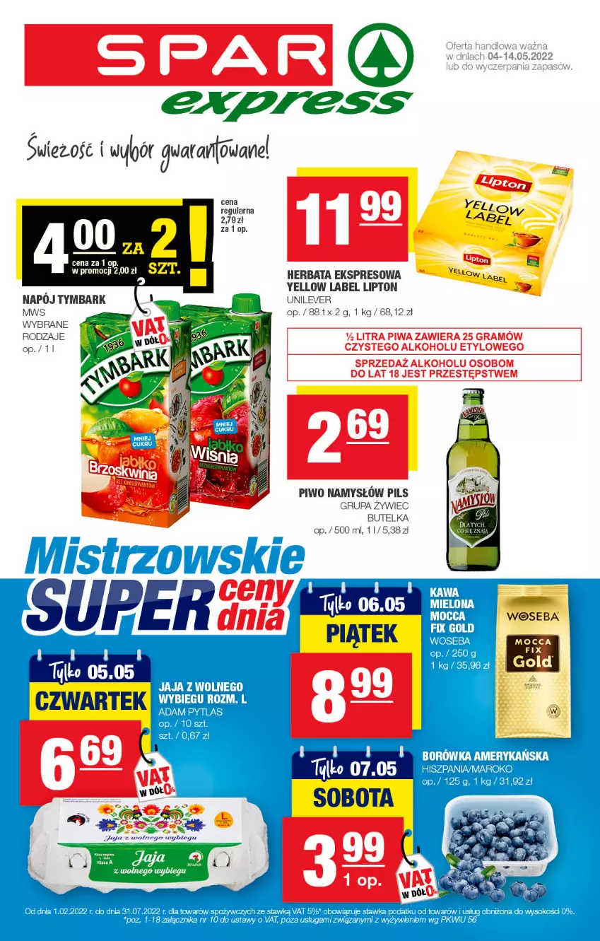 Gazetka promocyjna Spar - SparExpress - ważna 01.05 do 11.05.2022 - strona 1 - produkty: Borówka, Borówka amerykańska, Herbata, Jaja, Lipton, Namysłów, Napój, Ocet, Piwo, Sok, Tymbark, Woseba