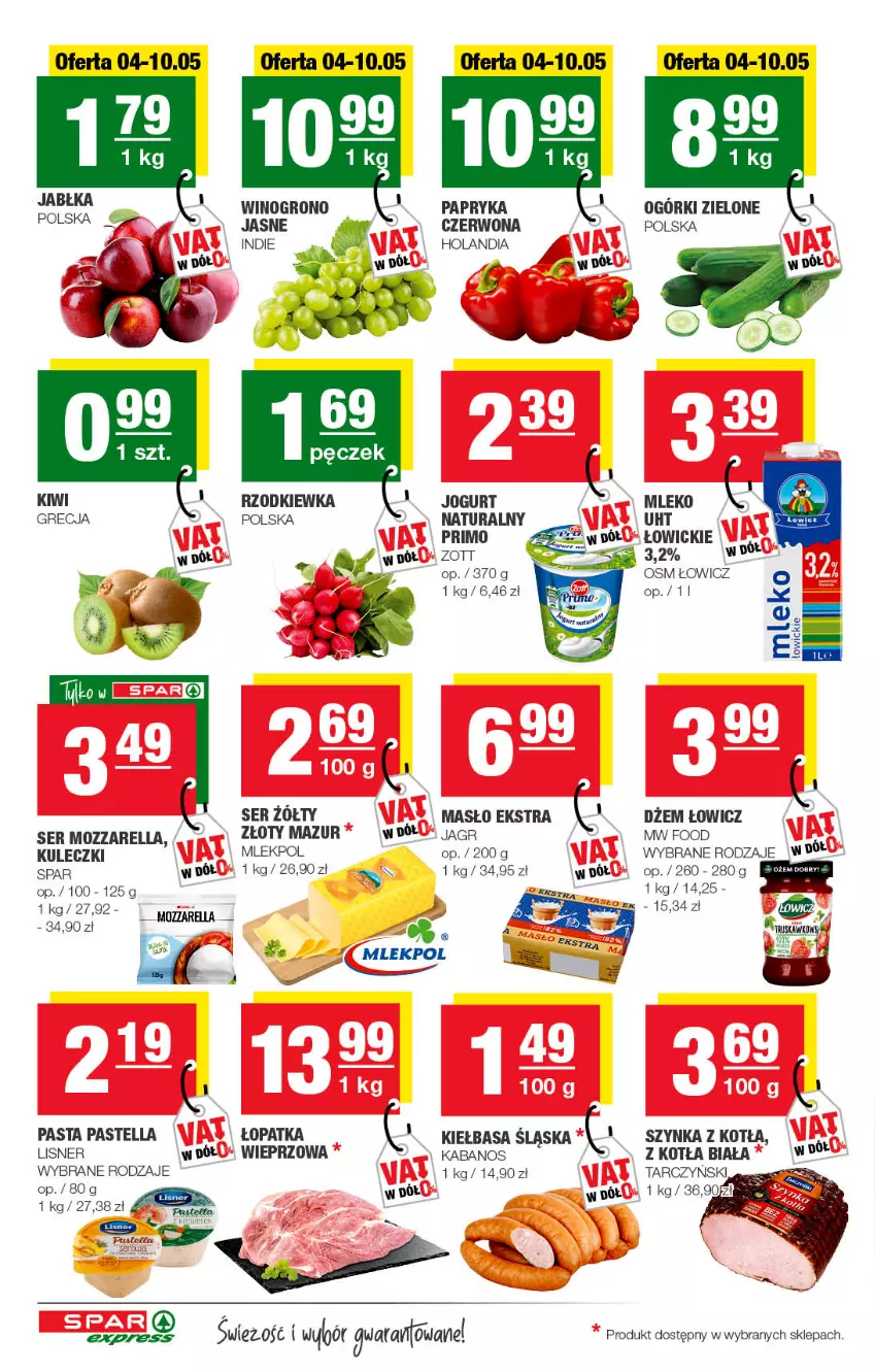 Gazetka promocyjna Spar - SparExpress - ważna 01.05 do 11.05.2022 - strona 2 - produkty: Dżem, Jogurt, Jogurt naturalny, Kabanos, Kiełbasa, Kiełbasa śląska, LG, Lisner, Masło, Mleko, Mozzarella, Papryka, Papryka czerwona, Pastella, Rzodkiewka, Ser, Szynka, Tarczyński, Złoty Mazur, Zott