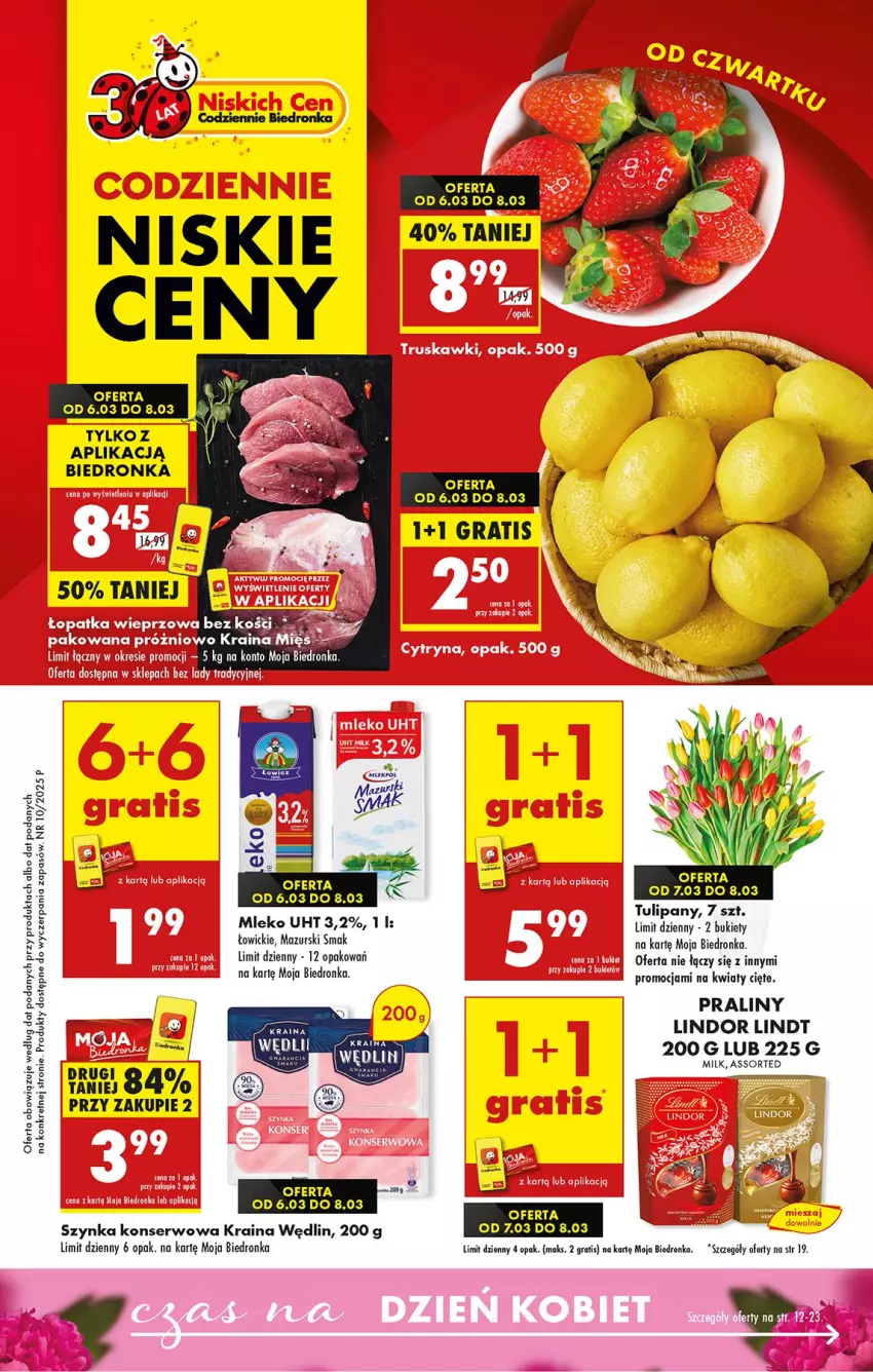 Gazetka promocyjna Biedronka - Od Czwartku - ważna 06.03 do 12.03.2025 - strona 1 - produkty: Bukiet, Gra, Kret, Kwiaty cięte, LG, Lindor, Lindt, Mleko, Praliny, Ser, Szynka, Szynka konserwowa, Tulipan