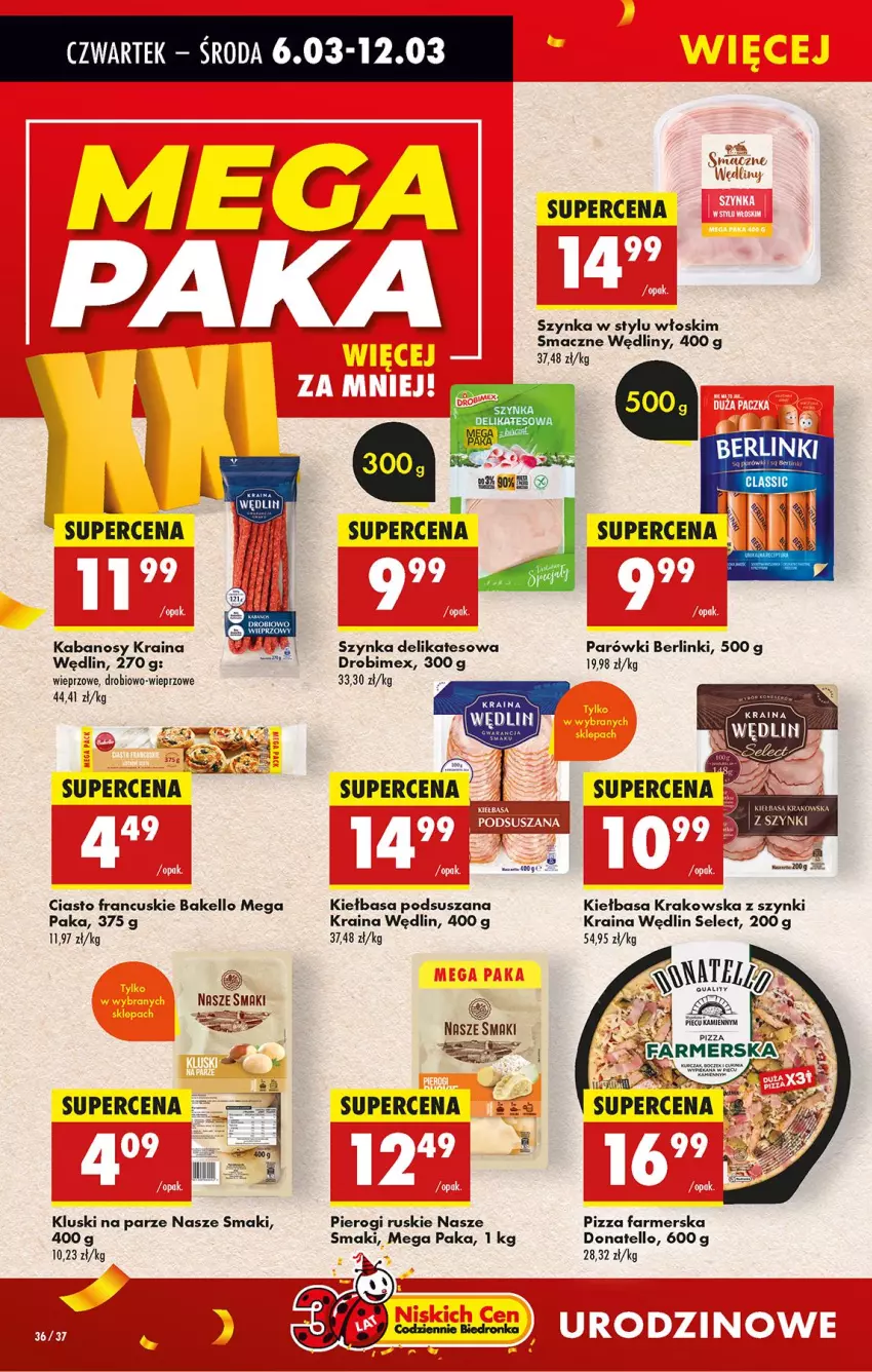 Gazetka promocyjna Biedronka - Od Czwartku - ważna 06.03 do 12.03.2025 - strona 42 - produkty: Berlinki, Ciasto francuskie, Drobimex, Fa, Kabanos, Kiełbasa, Kiełbasa krakowska, Kluski na parze, Parówki, Piec, Pierogi, Pizza, Szynka, Szynka delikatesowa