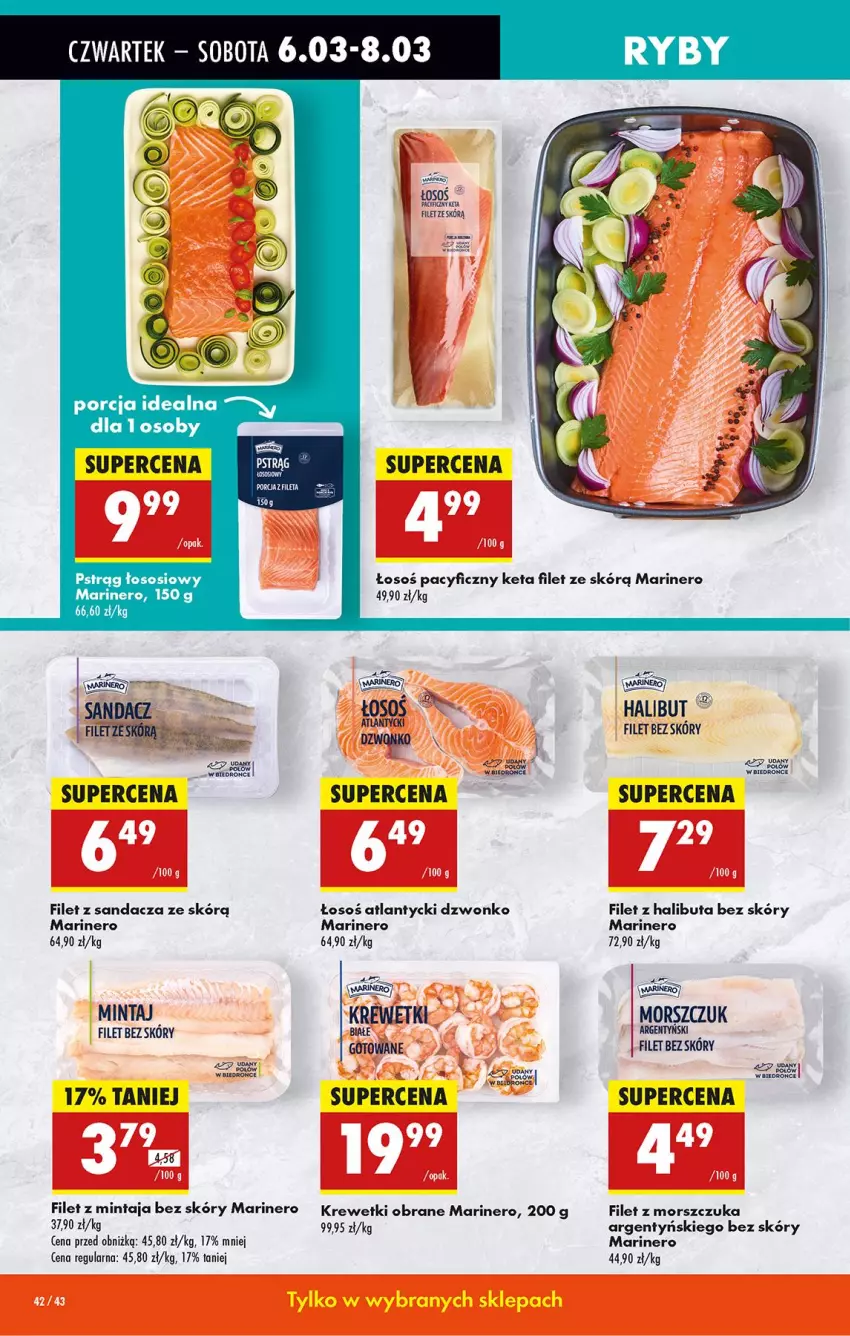 Gazetka promocyjna Biedronka - Od Czwartku - ważna 06.03 do 12.03.2025 - strona 48 - produkty: Fa, Filet z mintaja, Filet z morszczuka, Filet z sandacza, Halibut, Krewetki, Mintaj, Por, Pstrąg, Pstrąg łososiowy, Sandacz, Sandacz filet, Sos