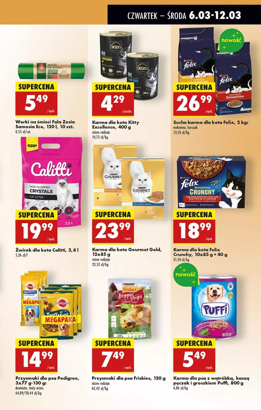 Gazetka promocyjna Biedronka - Od Czwartku - ważna 06.03 do 12.03.2025 - strona 65 - produkty: Fa, Felix, Friskies, Gourmet Gold, Kurczak, Pedigree, Przysmaki, Puf, Sati, Sucha karma, Wołowina, Worki na śmiec, Worki na śmieci