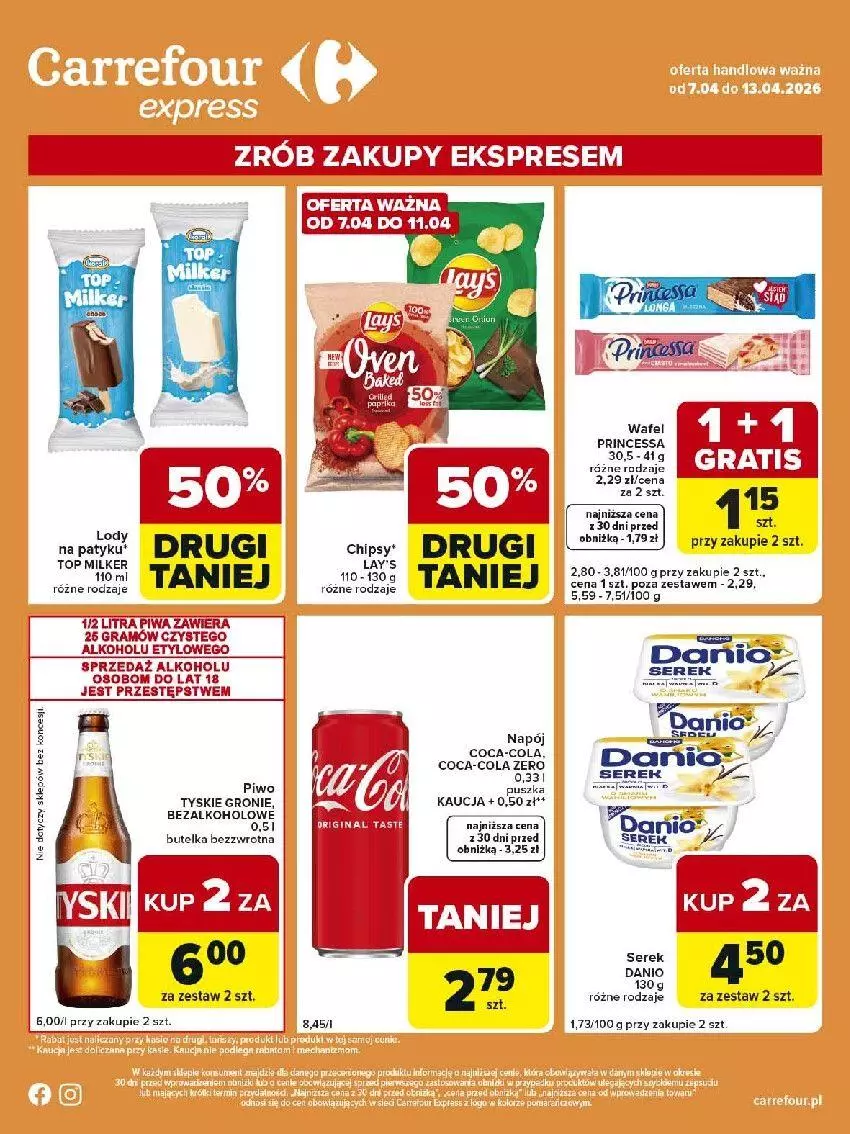Gazetka promocyjna Carrefour - Gazetka Express - ważna 07.04 do 13.04.2026 - strona 2 - produkty: Chipsy, Coca-Cola, Danio, Gin, Gra, Napój, Piwa, Piwo, Por, Ser, Serek, Tyskie