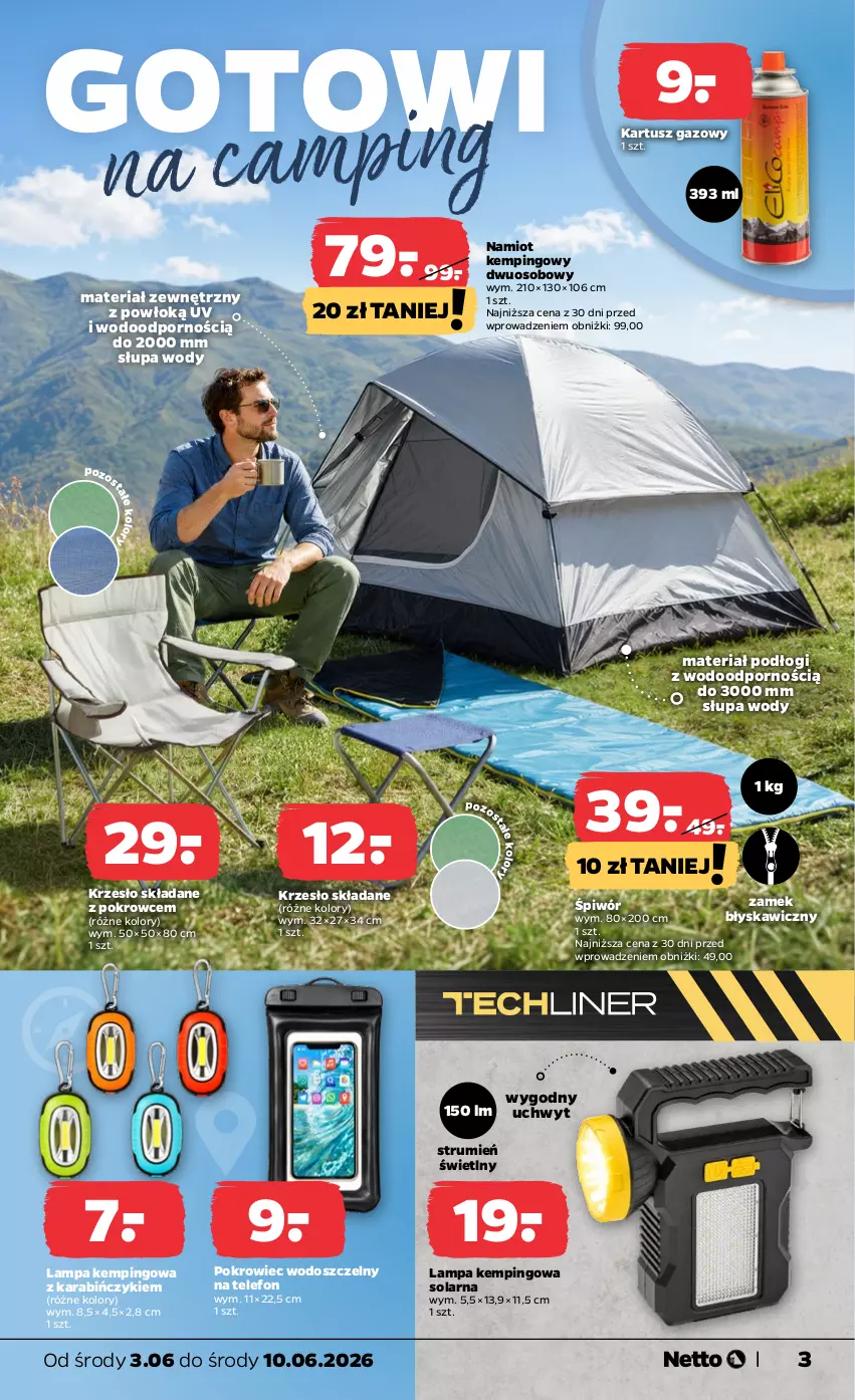 Gazetka promocyjna Netto - Od Środy - ważna 03.06 do 10.06.2026 - strona 3 - produkty: Krzesło, Krzesło składane, Lampa, Namiot, Pokrowiec, Por, Rum, Telefon, Tusz