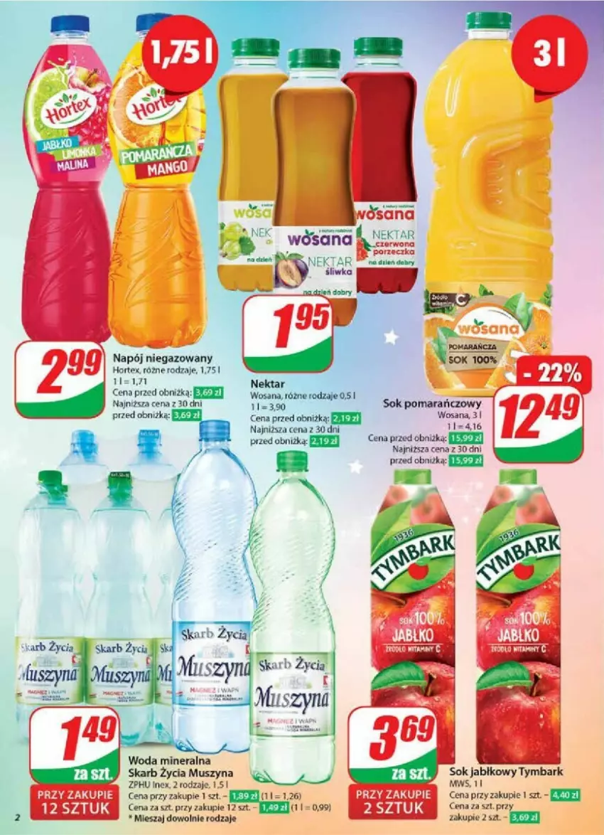 Gazetka promocyjna Dino - ważna 04.12 do 10.12.2024 - strona 12 - produkty: Hortex, Mus, Napój, Napój niegazowany, Nektar, Por, Sok, Sok jabłkowy, Sok pomarańczowy, Szyna, Tymbark, Woda, Woda mineralna, Wosana