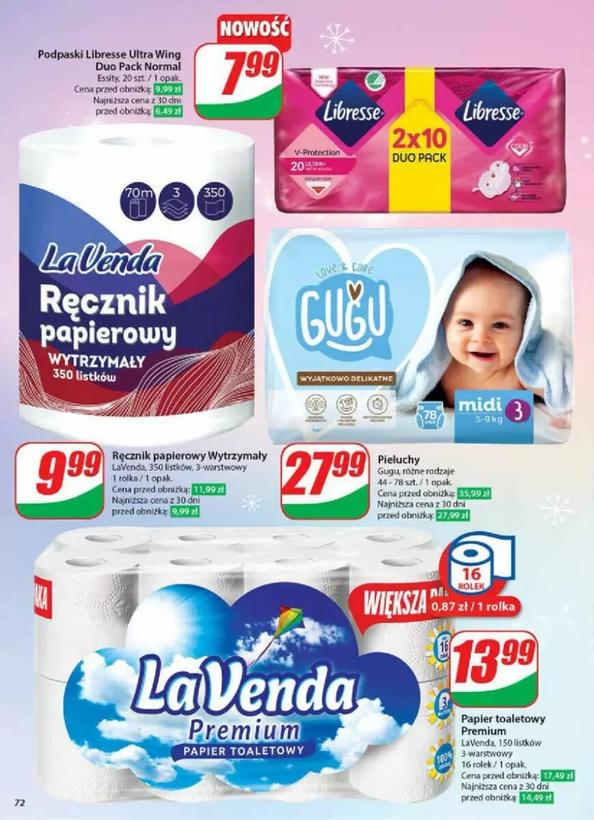 Gazetka promocyjna Dino - ważna 04.12 do 10.12.2024 - strona 70 - produkty: Papier, Papier toaletowy, Pieluchy, Podpaski, Ręcznik