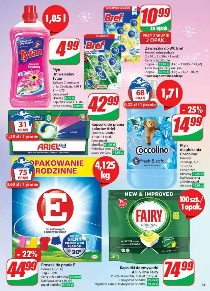 Gazetka promocyjna Dino - ważna 04.12 do 10.12.2024 - strona 71 - produkty: Ariel, Bref, Fa, Fairy, Kapsułki do prania, Proszek do prania, Tytan, Zawieszka do wc, Zmywarki