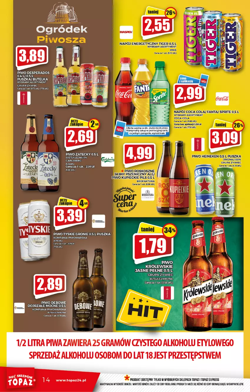 Gazetka promocyjna Topaz - Gazetka - ważna 24.02 do 02.03.2022 - strona 14 - produkty: Carlsberg, Coca-Cola, Desperados, Fa, Fanta, Gra, Napój, Napój energetyczny, Ogród, Piwa, Piwo, Sok, Sprite, Tiger, Top, Tyskie