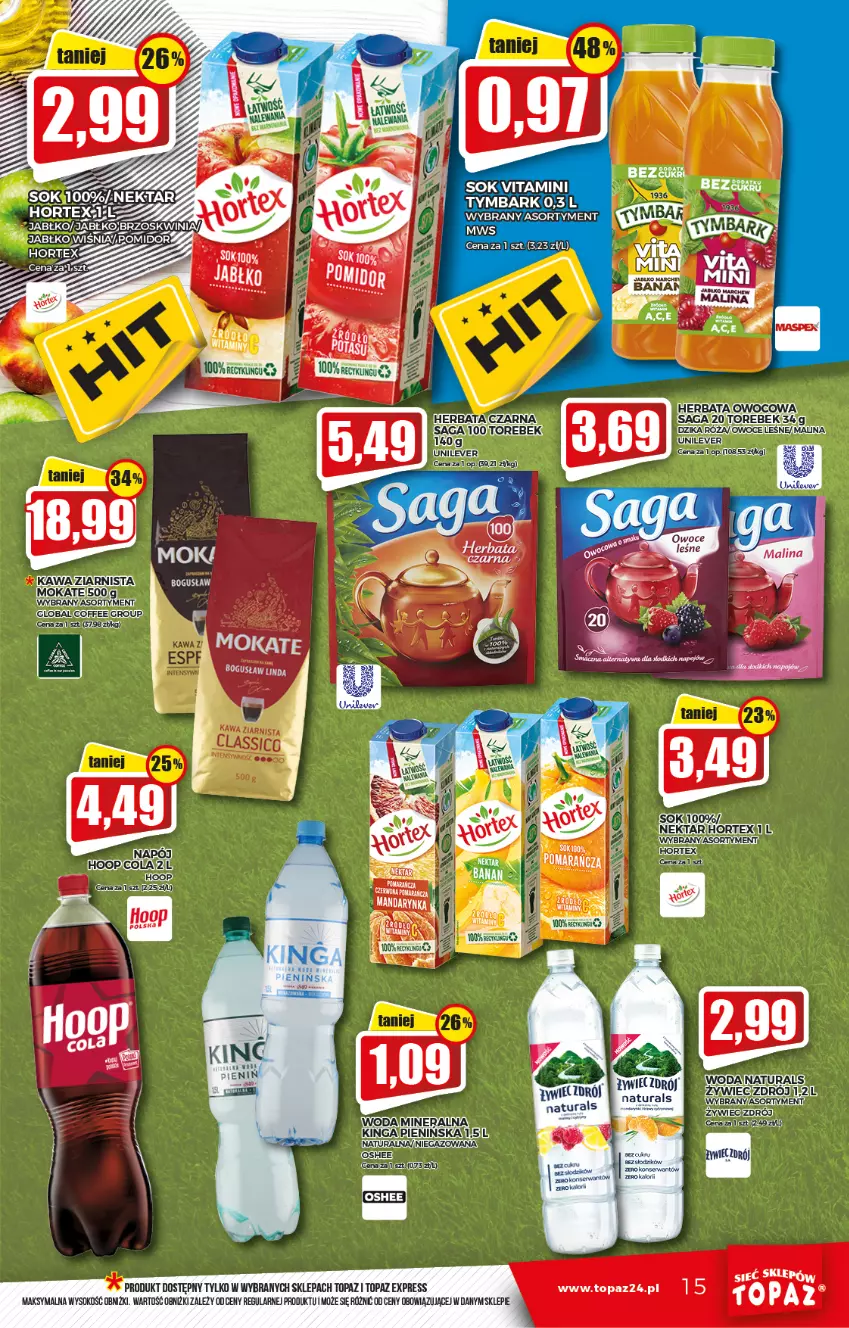 Gazetka promocyjna Topaz - Gazetka - ważna 24.02 do 02.03.2022 - strona 15 - produkty: Hoop, Kawa, Owoce, Róża, Sok, Top, Tymbark, Woda