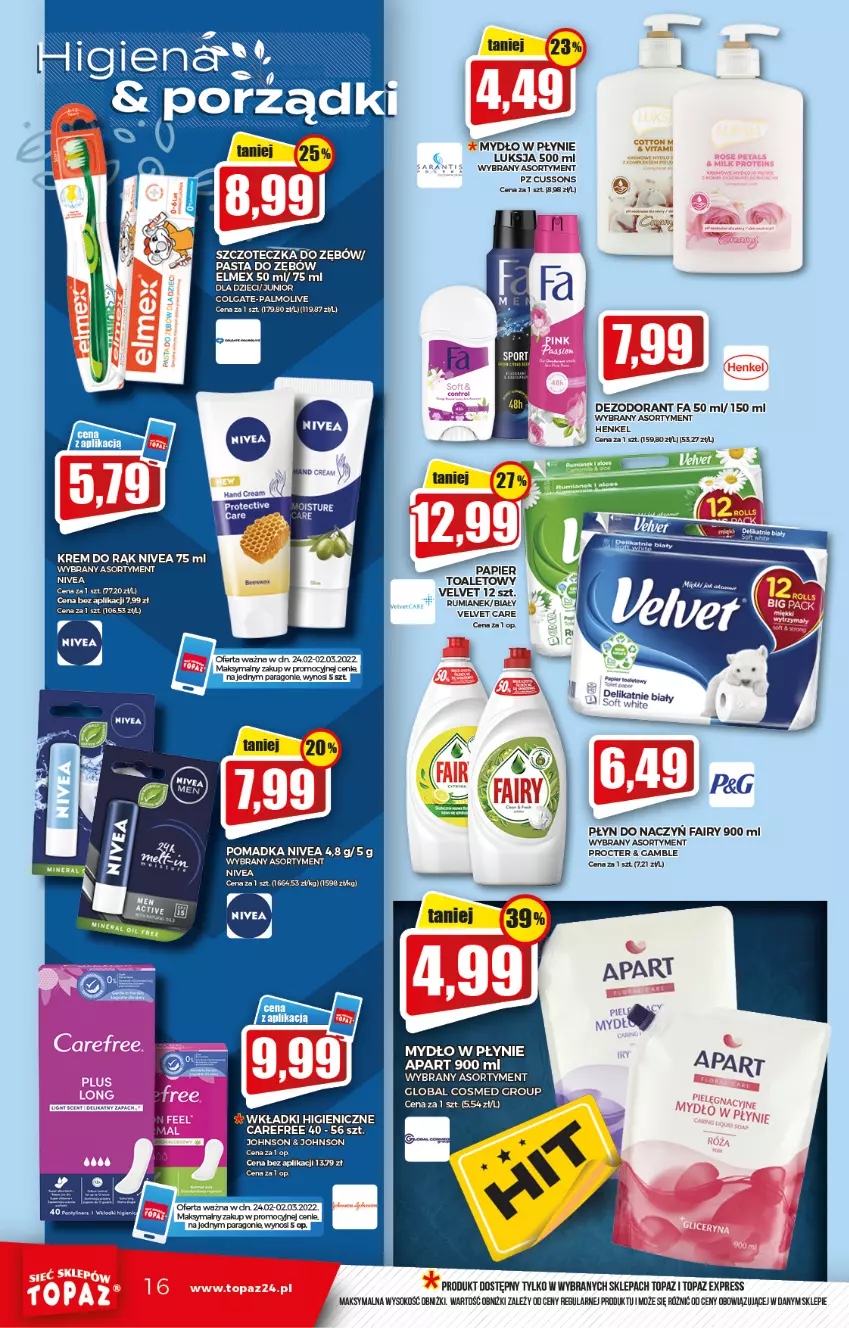 Gazetka promocyjna Topaz - Gazetka - ważna 24.02 do 02.03.2022 - strona 16 - produkty: Carefree, Colgate, Dezodorant, Elmex, Fa, Fairy, Krem do rąk, LG, Luksja, Mydło, Mydło w płynie, Nivea, Palmolive, Papier, Pasta do zębów, Rum, Sok, Szczoteczka, Szczoteczka do zębów, Top, Velvet, Wkładki