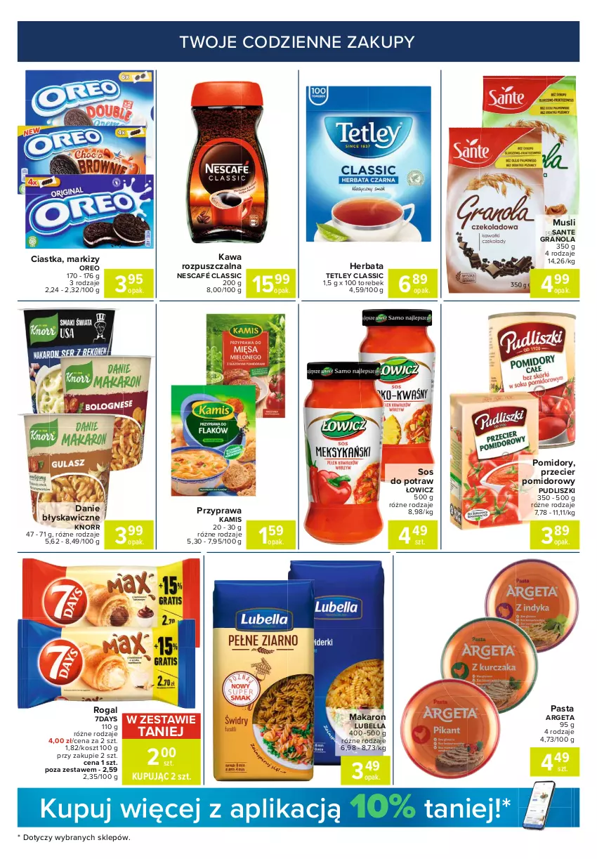 Gazetka promocyjna Carrefour - Gazetka Express - ważna 12.04 do 19.04.2021 - strona 3 - produkty: Bell, Bella, Ciastka, Gra, Granola, Herbata, Kamis, Kawa, Kawa rozpuszczalna, Knorr, Kosz, Lubella, Makaron, Mus, Nescafé, Oreo, Pomidory, Pudliszki, Rogal, Sante, Sos, Tetley