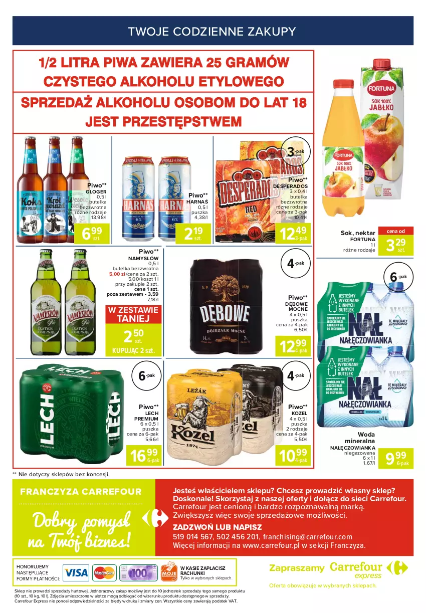 Gazetka promocyjna Carrefour - Gazetka Express - ważna 12.04 do 19.04.2021 - strona 6 - produkty: Desperados, Fortuna, Gra, Harnaś, Kosz, Kozel, Lech Premium, Nałęczowianka, Namysłów, Nektar, Piwa, Piwo, Sok, Stek, Woda, Woda mineralna