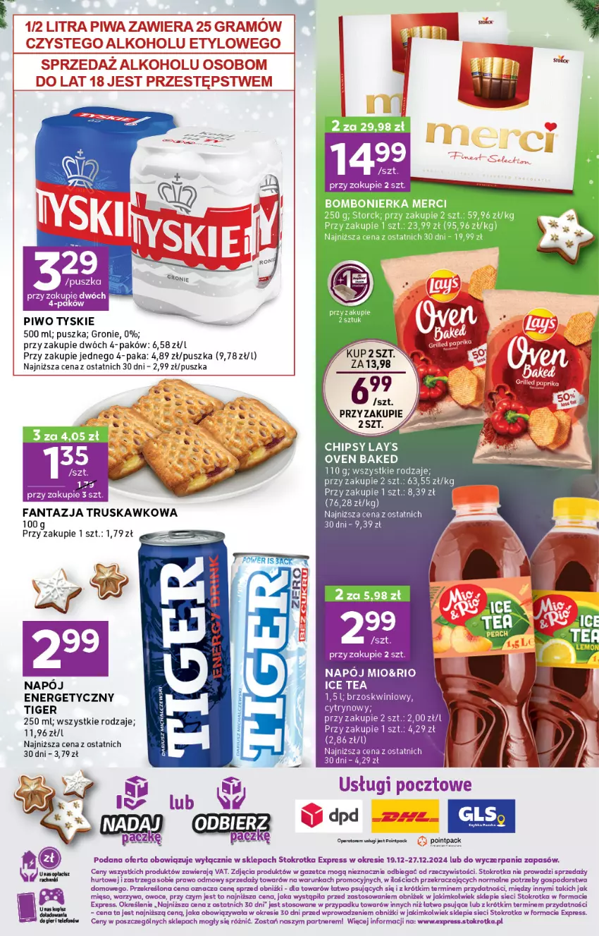 Gazetka promocyjna Stokrotka - Stokrotka Express - ważna 19.12 do 27.12.2024 - strona 3 - produkty: Chipsy, Fa, Fanta, Ice tea, Merci, Napój, Owoce, Piwo, Pur, STP, Tiger, Tyskie, Warzywa