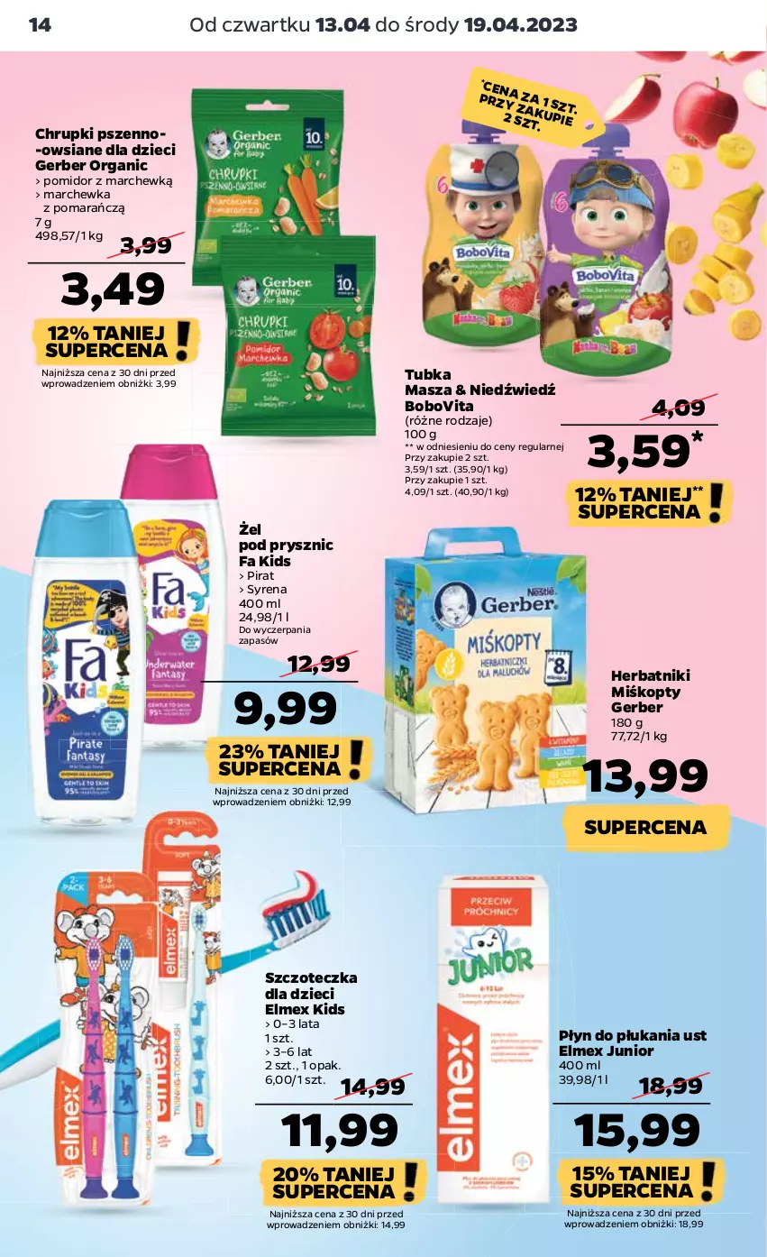 Gazetka promocyjna Netto - Artykuły spożywcze - ważna 13.04 do 19.04.2023 - strona 14 - produkty: BoboVita, Chrupki, Dzieci, Elmex, Fa, Gerber, Herbatniki, Marchewka, Płyn do płukania, Szczoteczka