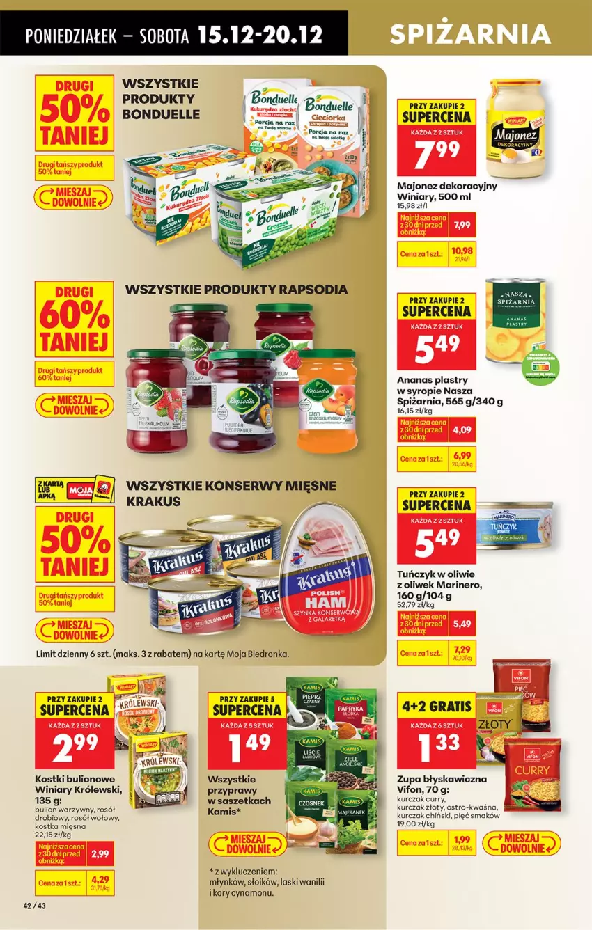 Gazetka promocyjna Biedronka - Od Poniedziałku - ważna 15.12 do 20.12.2025 - strona 48 - produkty: Ananas, Bulion, Dżem, Kamis, Królewski, Kurczak, Lion, Majonez, Przyprawy, Rosół, Rosół wołowy, Syrop, Tuńczyk, Winiary, Zupa