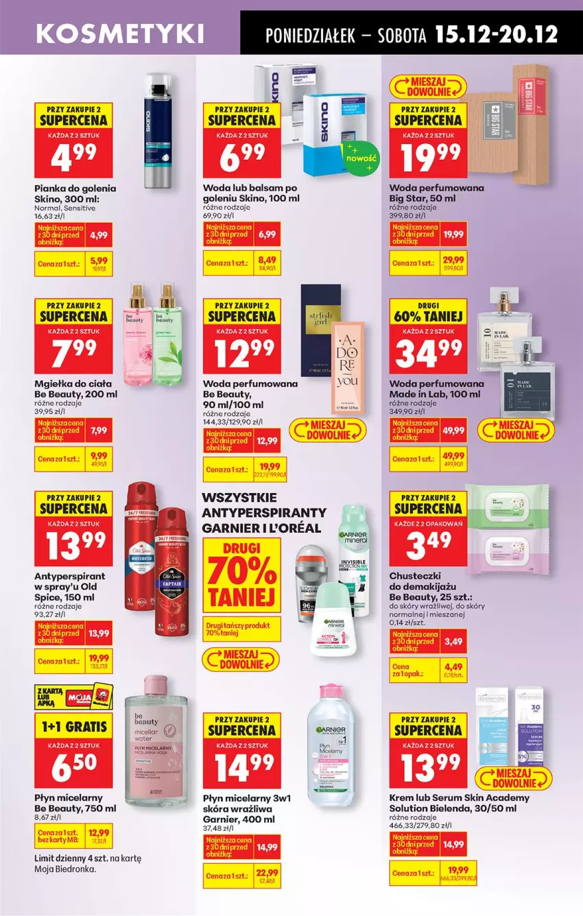 Gazetka promocyjna Biedronka - Od Poniedziałku - ważna 15.12 do 20.12.2025 - strona 59 - produkty: Antyperspirant, Balsam po goleniu, Be Be, Bielenda, Chusteczki, Garnier, Gra, Makijaż, Old Spice, Perfum, Pianka do golenia, Płyn micelarny, Rum, Ser, Serum, Woda, Woda perfumowana