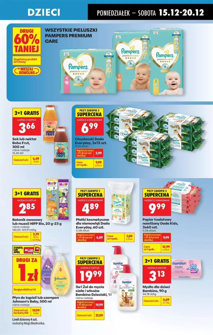 Gazetka promocyjna Biedronka - Od Poniedziałku - ważna 15.12 do 20.12.2025 - strona 65 - produkty: Baton, Chusteczki, Dada, Dzieci, Gra, HiPP, Hipp Bio, Johnson's, Johnson's Baby, Mydło, Nektar, Pampers, Papier, Papier toaletowy, Płatki kosmetyczne, Płyn do kąpieli, Sok, Szampon, Tonik
