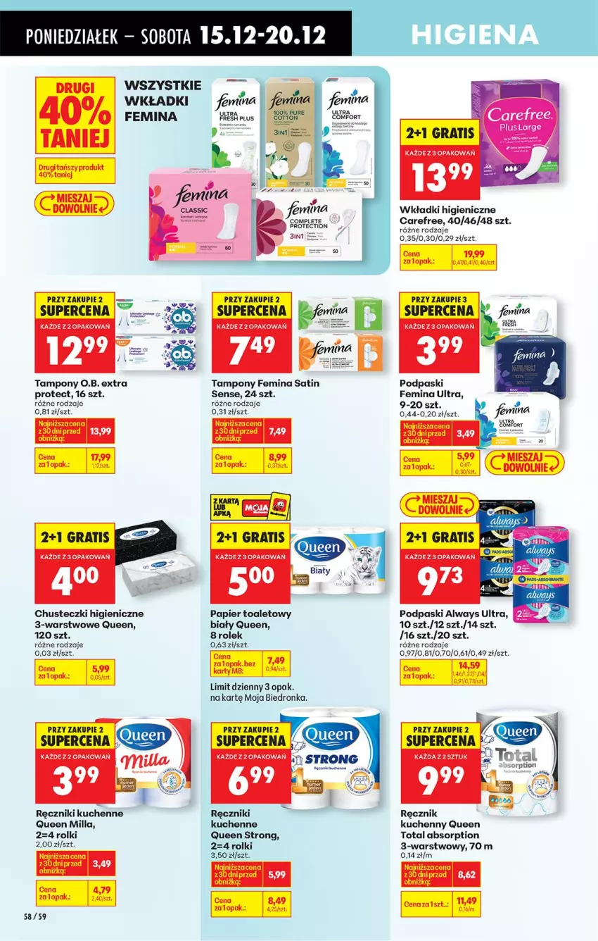 Gazetka promocyjna Biedronka - Od Poniedziałku - ważna 15.12 do 20.12.2025 - strona 66 - produkty: Always, Always Ultra, Carefree, Chusteczki, Gra, O.B., Papier, Papier toaletowy, Podpaski, Ręcznik, Rolki, Sati, Tampony, Top, Wkładki