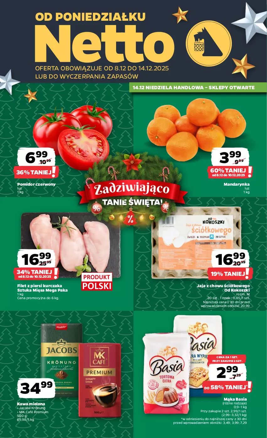 Gazetka promocyjna Netto - Od Poniedziałku - ważna 08.12 do 14.12.2025 - strona 1 - produkty: Basia, Filet z piersi kurczaka, Jacobs, Jacobs Krönung, Jaja, Kawa, Kawa mielona, Kokos, Kosz, Kurczak, Mąka