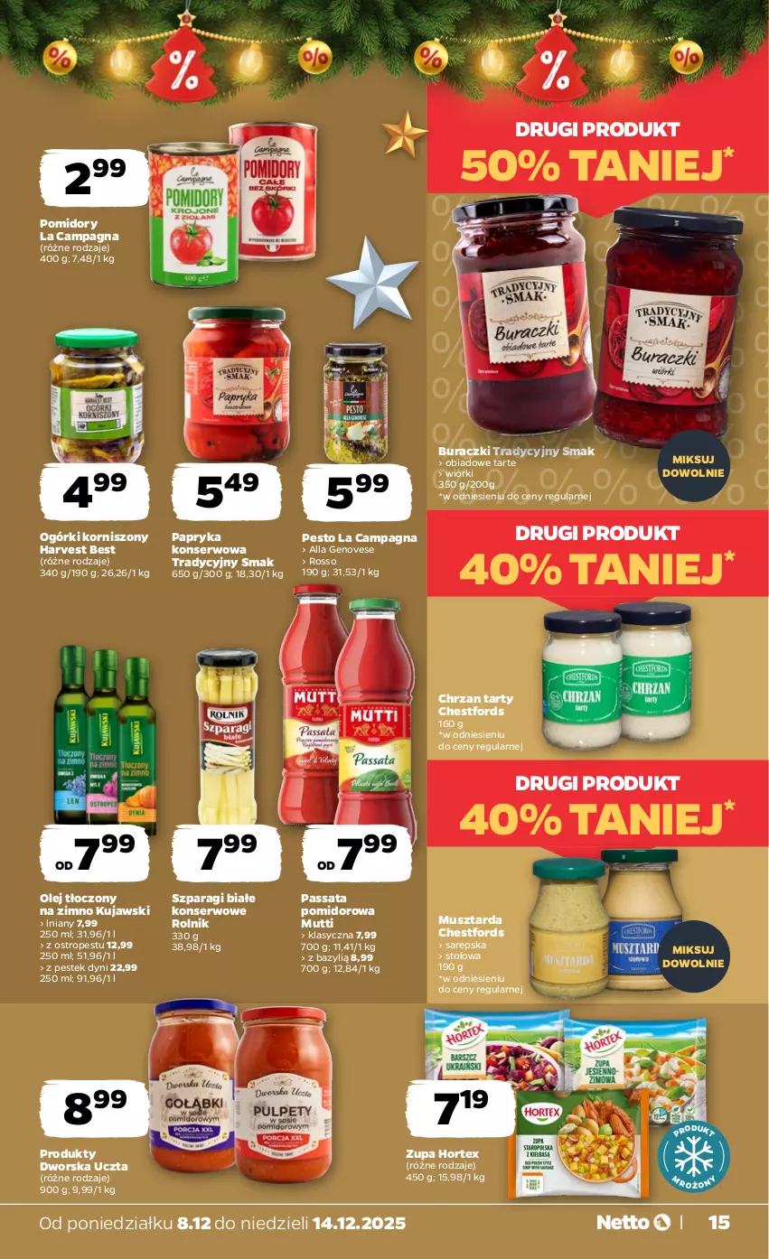 Gazetka promocyjna Netto - Od Poniedziałku - ważna 08.12 do 14.12.2025 - strona 15 - produkty: Bazyl, Buraczki, Chrzan, Hortex, Korniszony, Kujawski, Mus, Musztarda, Olej, Ostropes, Papryka, Pesto, Pomidory, Rolnik, Ser, Stek, Zupa
