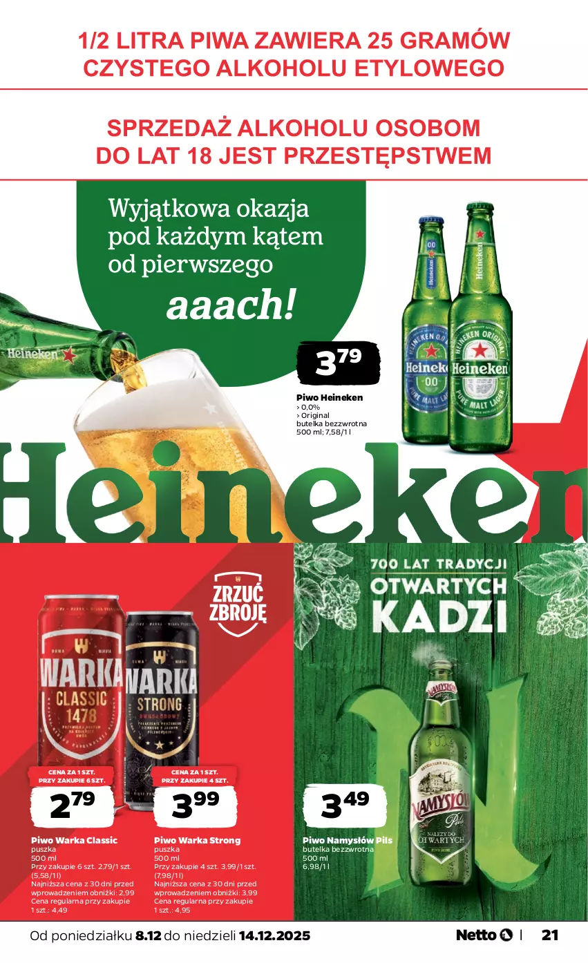 Gazetka promocyjna Netto - Od Poniedziałku - ważna 08.12 do 14.12.2025 - strona 21 - produkty: Gin, Heineken, Namysłów, Piwo, Warka
