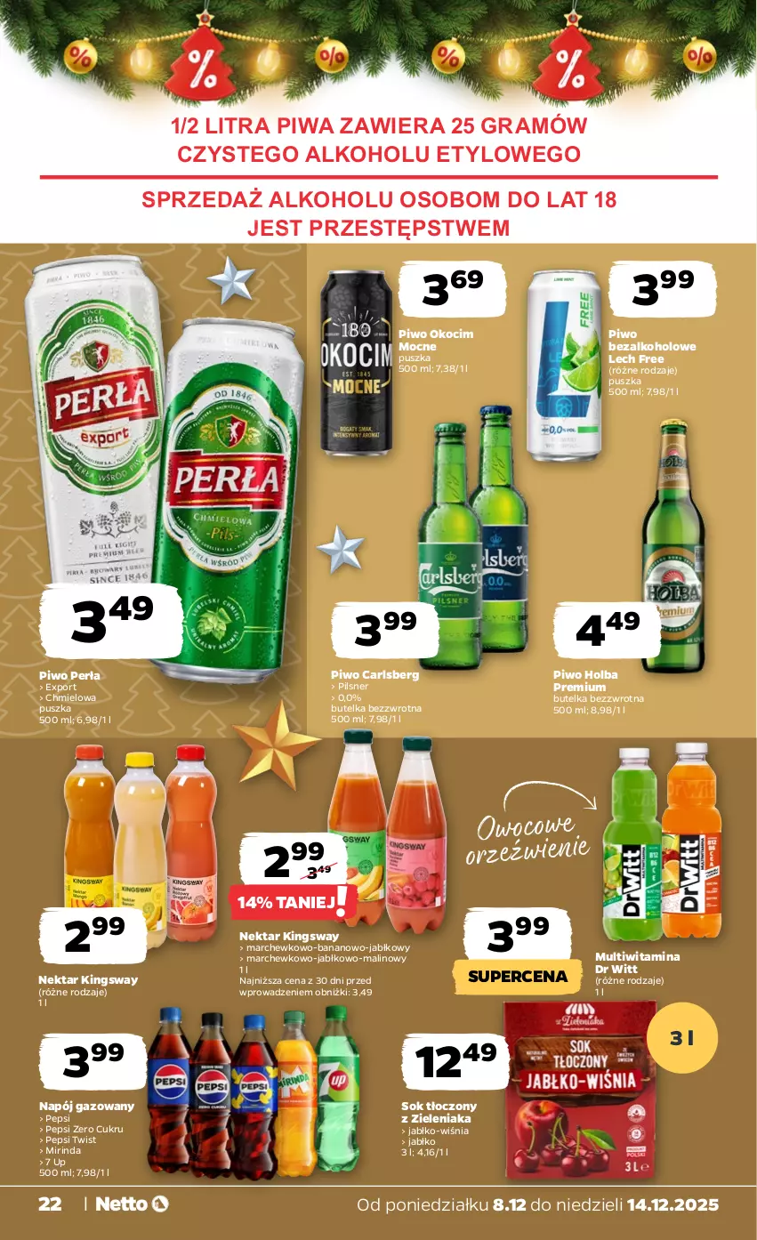 Gazetka promocyjna Netto - Od Poniedziałku - ważna 08.12 do 14.12.2025 - strona 22 - produkty: Carlsberg, Gra, Koc, Mirinda, Napój, Napój gazowany, Nektar, Okocim, Pepsi, Perła, Piwa, Piwo, Por, Sok