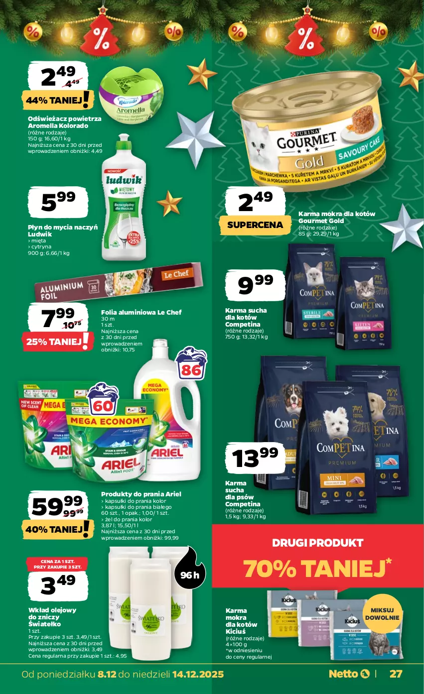 Gazetka promocyjna Netto - Od Poniedziałku - ważna 08.12 do 14.12.2025 - strona 27 - produkty: Ariel, Do mycia naczyń, Folia aluminiowa, Gourmet Gold, Kapsułki do prania, Karma mokra dla kotów, Kolorado, Ludwik, Mięta, Odświeżacz powietrza, Olej, Płyn do mycia, Płyn do mycia naczyń, Wkład olejowy, Znicz