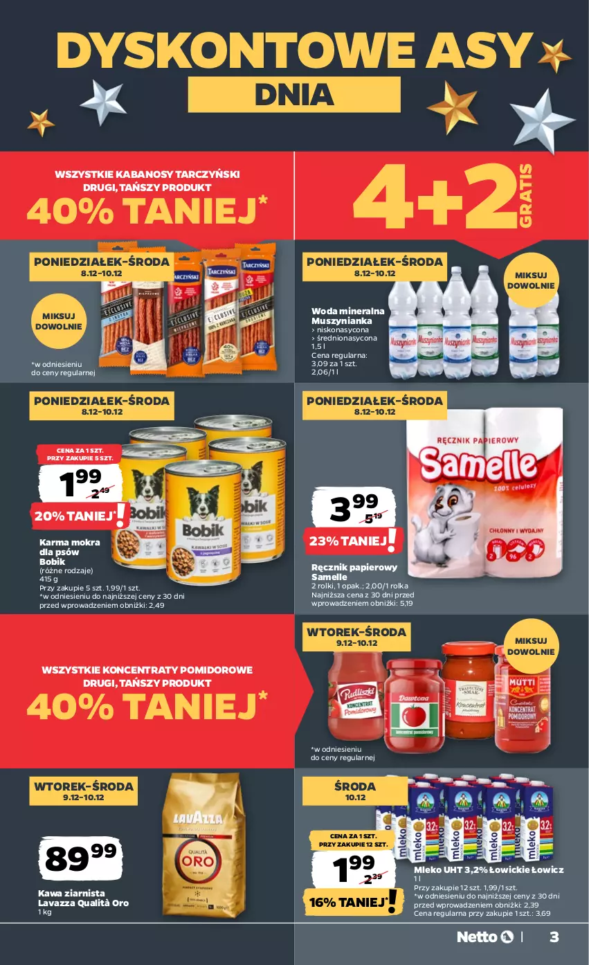 Gazetka promocyjna Netto - Od Poniedziałku - ważna 08.12 do 14.12.2025 - strona 3 - produkty: Gra, Kabanos, Kawa, Kawa ziarnista, Lavazza, Mleko, Mus, Muszynianka, Papier, Ręcznik, Rolki, Tarczyński, Woda, Woda mineralna