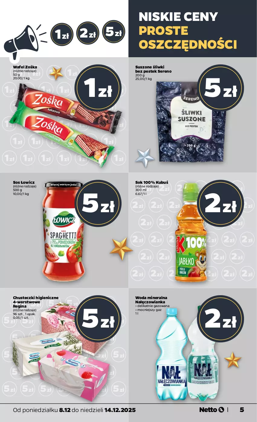 Gazetka promocyjna Netto - Od Poniedziałku - ważna 08.12 do 14.12.2025 - strona 5 - produkty: Chusteczki, Gin, Kubuś, Nałęczowianka, Ser, Sok, Sos, Stek, Woda, Woda mineralna