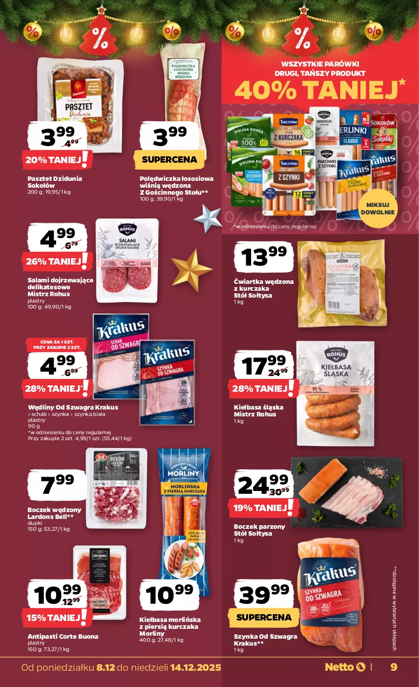 Gazetka promocyjna Netto - Od Poniedziałku - ważna 08.12 do 14.12.2025 - strona 9 - produkty: Bell, Boczek, Gra, Kiełbasa, Kiełbasa śląska, Krakus, Kurczak, Morliny, Parówki, Pasztet, Salami, Sok, Sokołów, Sos, Stół, Szynka, Szynka biała