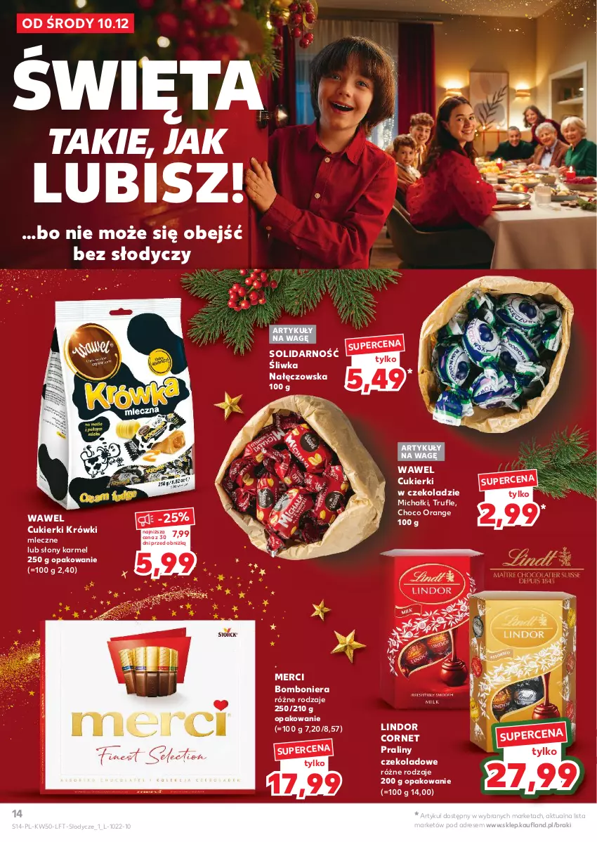 Gazetka promocyjna Kaufland - Gazetka tygodnia - ważna 10.12 do 16.12.2025 - strona 14 - produkty: Bomboniera, Cukier, Cukierki, Dres, Krówki mleczne, Lindor, Lody, Merci, Michałki, Praliny, Wawel