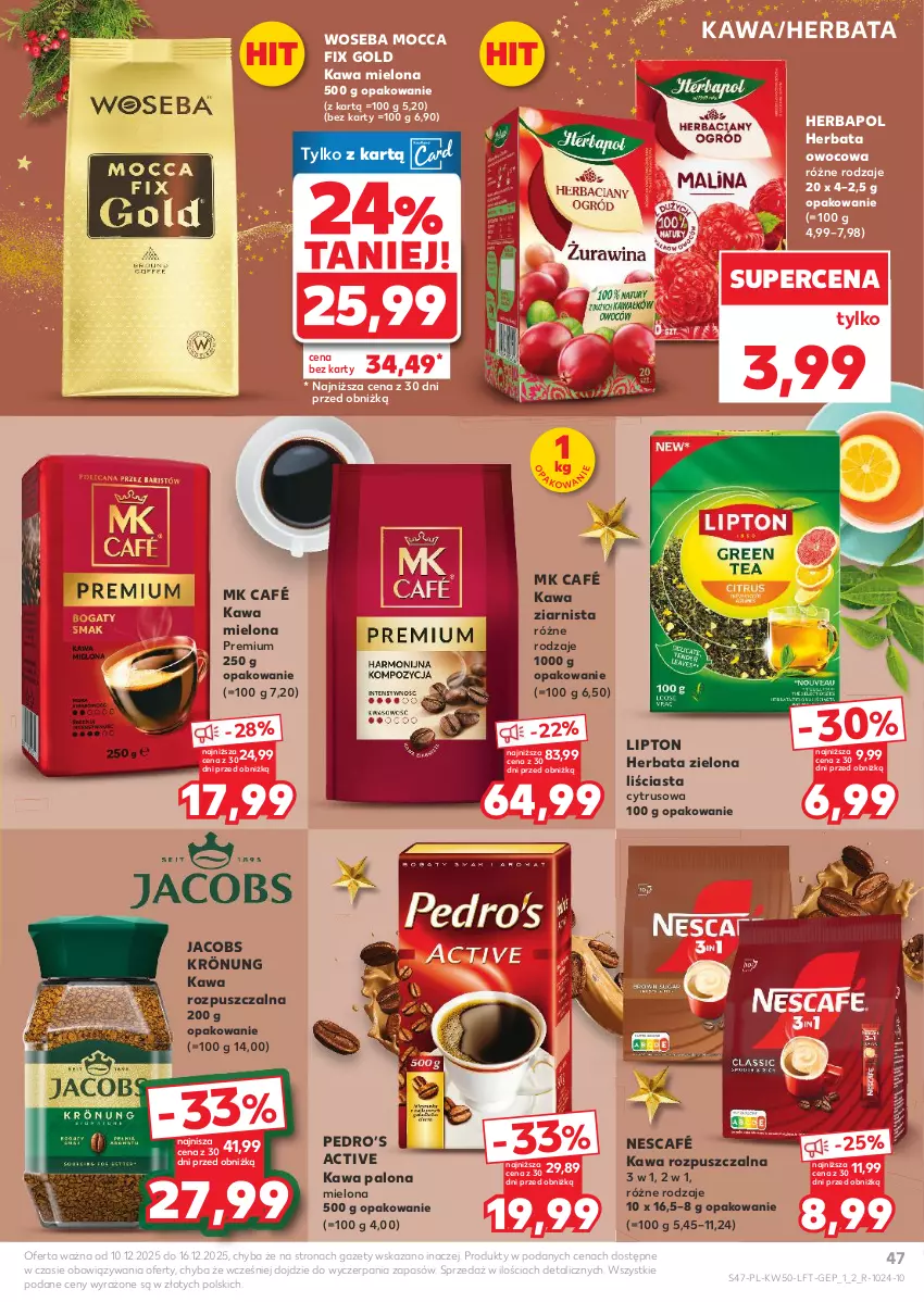 Gazetka promocyjna Kaufland - Gazetka tygodnia - ważna 10.12 do 16.12.2025 - strona 47 - produkty: Herbapol, Herbata, Herbata owocowa, Jacobs, Jacobs Krönung, Kawa, Kawa mielona, Kawa rozpuszczalna, Kawa ziarnista, Lipton, Mocca Fix Gold, Nescafé, Woseba