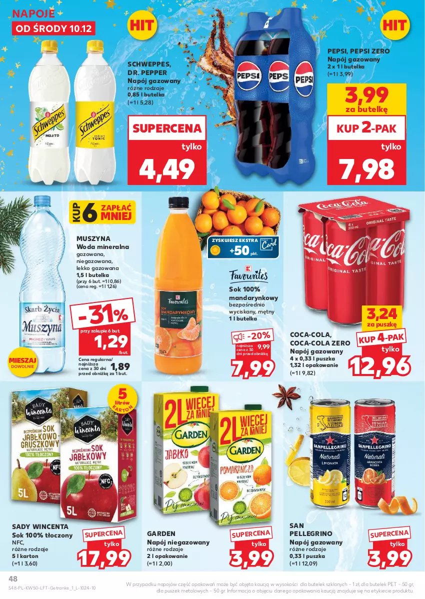 Gazetka promocyjna Kaufland - Gazetka tygodnia - ważna 10.12 do 16.12.2025 - strona 48 - produkty: Coca-Cola, Mus, Napój, Napój gazowany, Napój niegazowany, Napoje, Pepsi, Schweppes, Sok, Szyna, Tran, Woda, Woda mineralna