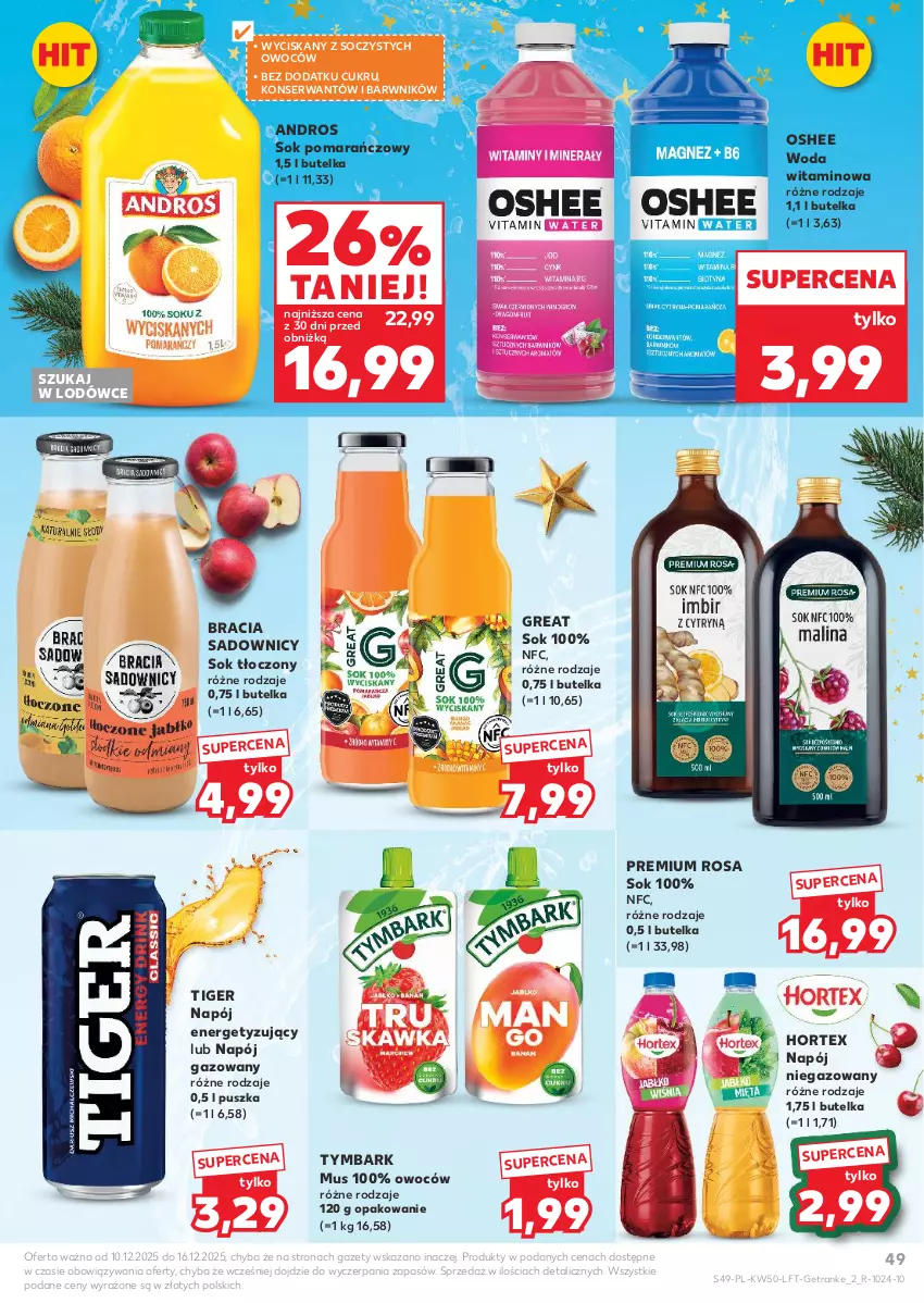 Gazetka promocyjna Kaufland - Gazetka tygodnia - ważna 10.12 do 16.12.2025 - strona 49 - produkty: Hortex, Mus, Napój, Napój gazowany, Napój niegazowany, Oshee, Ser, Sok, Sok pomarańczowy, Tiger, Tran, Tymbark, Woda